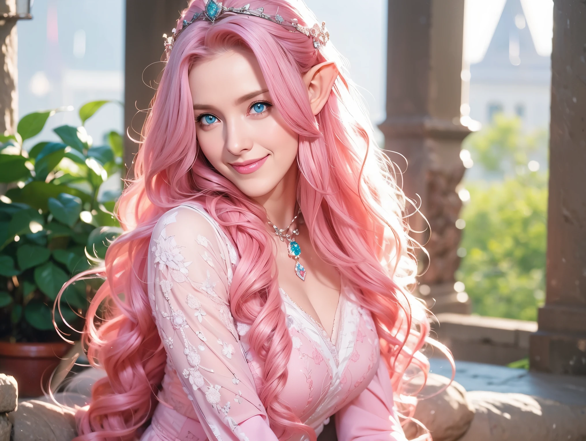Woman, long curly hair, pink hair, blue eyes, elf, smile, crown, sitting