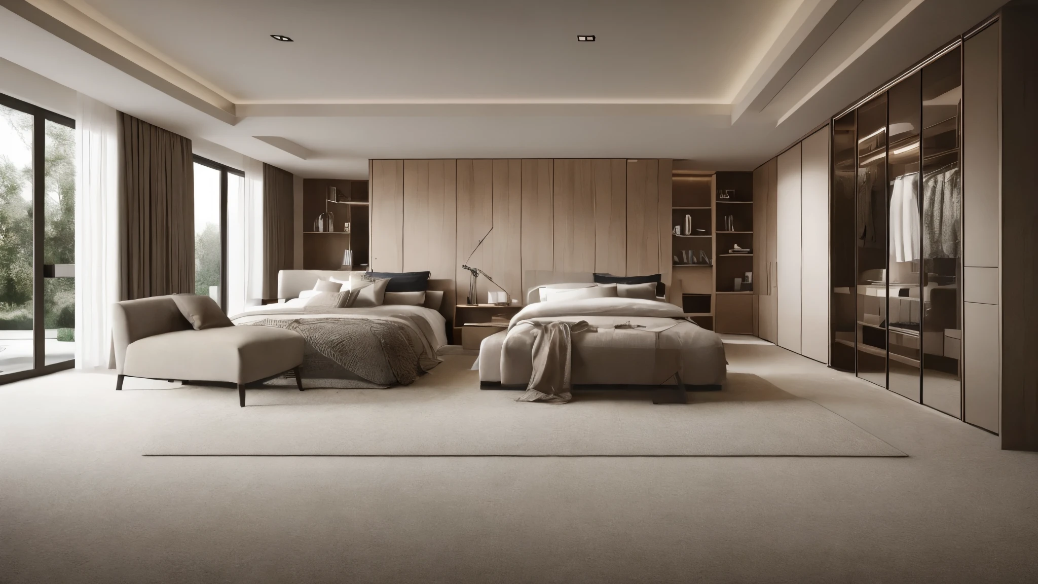 有一间大bedroom，There is a bed and a sofa inside, bedroom, Double action rendering, Modern and simple, 宁静的bedroom环境, High quality rendering, Beige and dark ambience, High quality renderinging, Designed for comfortable aesthetics!, personal room background, Highly photographic rendering, minimally modern, Modern and simple设计, Professional rendering, High quality rendering, Modern and simple