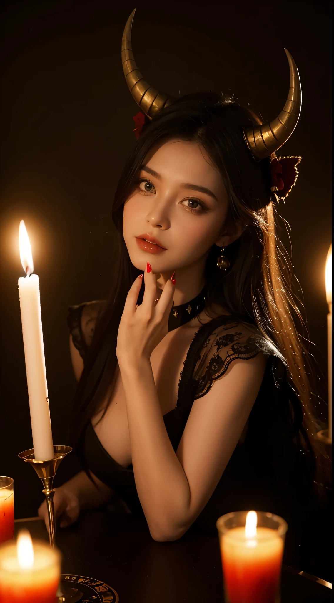 Fantasy portrait,Gothic,A person dressed as a female devil with pronounced horns sitting within a circle of candles,Woman in devil costume with horned headpiece and dramatic makeup positioned in the center facing forward,Nordic ruins,Scene depicted on a poker card illusion,Studio background edited to resemble a mystical,textured card,High contrast lighting,fantasy,devil,ambiance,poker card,high contrast,narrative,mystical,candlelight,by Cheryl Martinez 