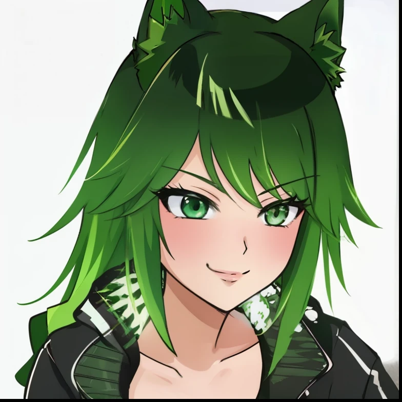anime girl with green hair and green eyes wearing a black jacket, green colored hair, anime catgirl, digital green fox, anime styled, anime stylized, vrchat, smirk, sexy smirk, sexy expression, black upper lip, lips, looking at camera