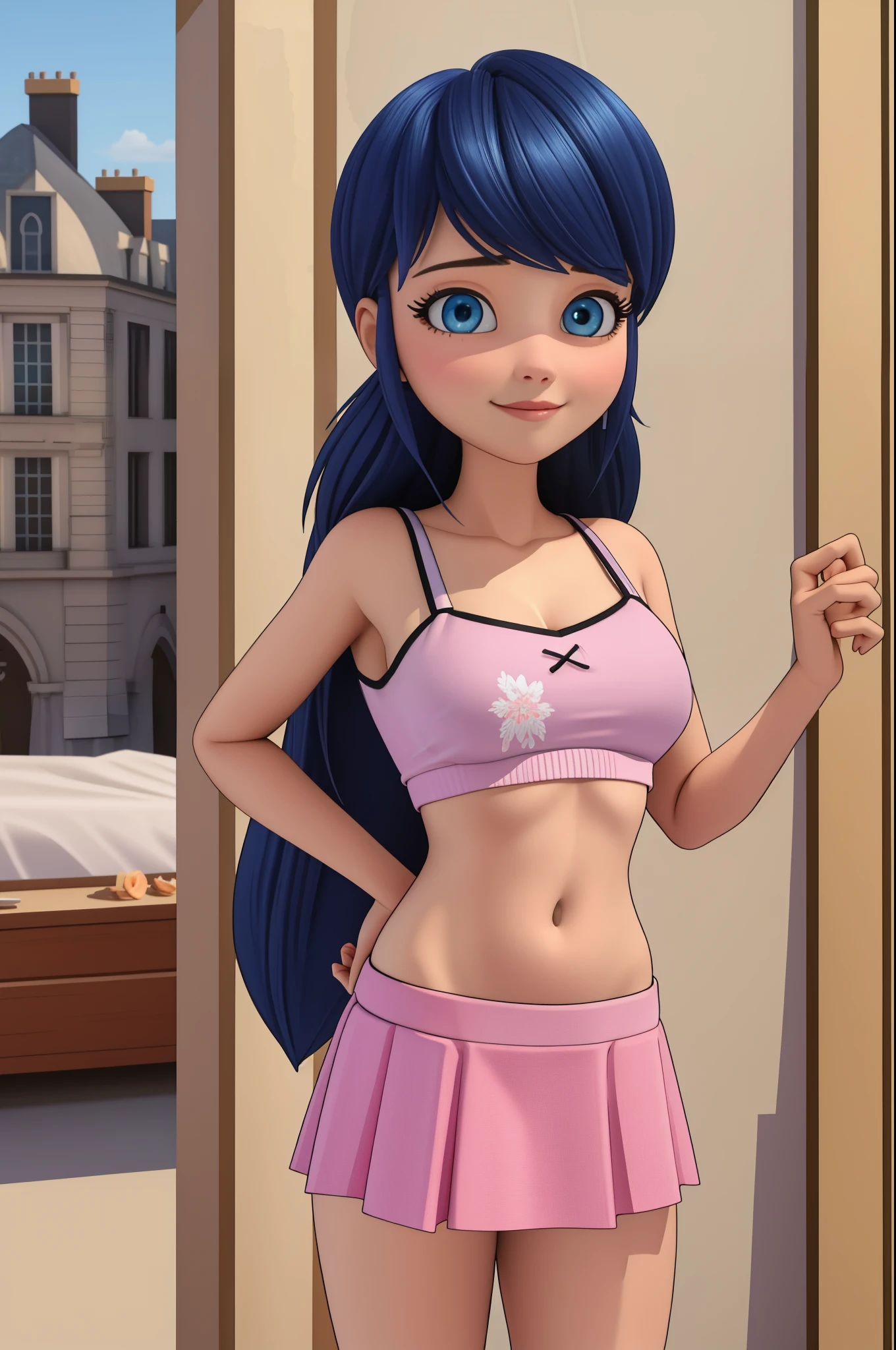 (8k, RAW photo, best quality, masterpiece:1.2), (intricate details), perfect eyes, perfect face, perfect lighting, beautiful, (masterpiece:1.2), (best quality:1.2), 1girl, solo, marinette, blue hair, ((long hair down)), adult torso, 18 years old, slight smile, large sized breasts, (pink sexy mini skirt), cowboy shot, 3DMM,underboobs,