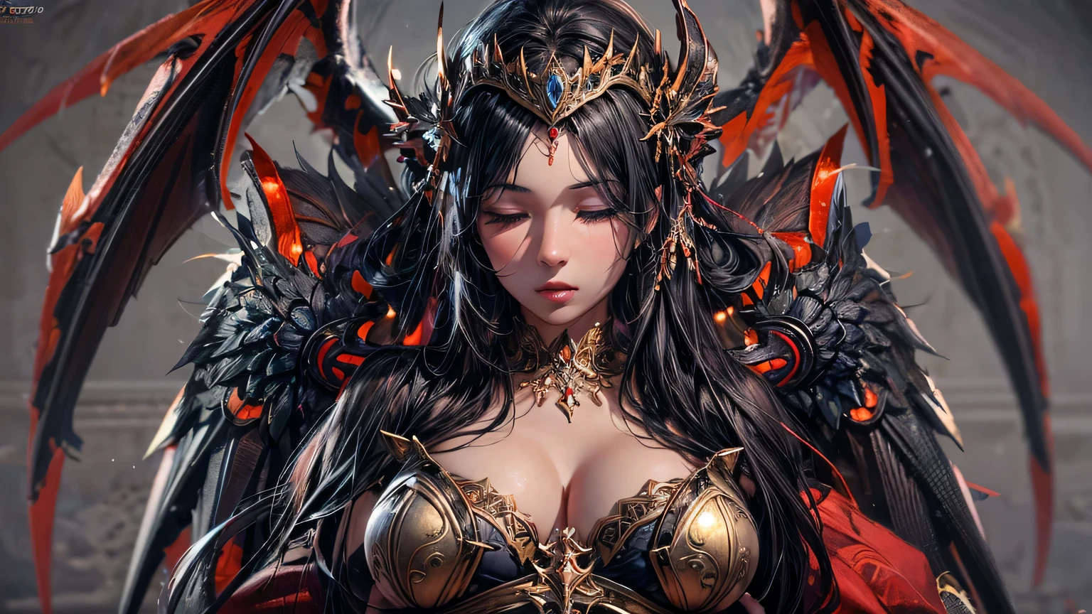 ((very delicate))best picture quality,((sleeping)) Full body of a beautiful gentleman，Full body with buttocks visible, bikini, red light armor, Exquisite dark brown hairstyle.，bright eyes, very detailed details,((sleeping)) ancient dragon with huge black wings, Advanced, break your own power, Large breasts that reveal cleavage，R-18G,((ancient fantasy castle background)),,More detailed 8K.Unreal Engine, masterpiece, best quality,object object], (Detailed facial features), (4 k detail fantasy),(realist, photorealism),((precise proportions))