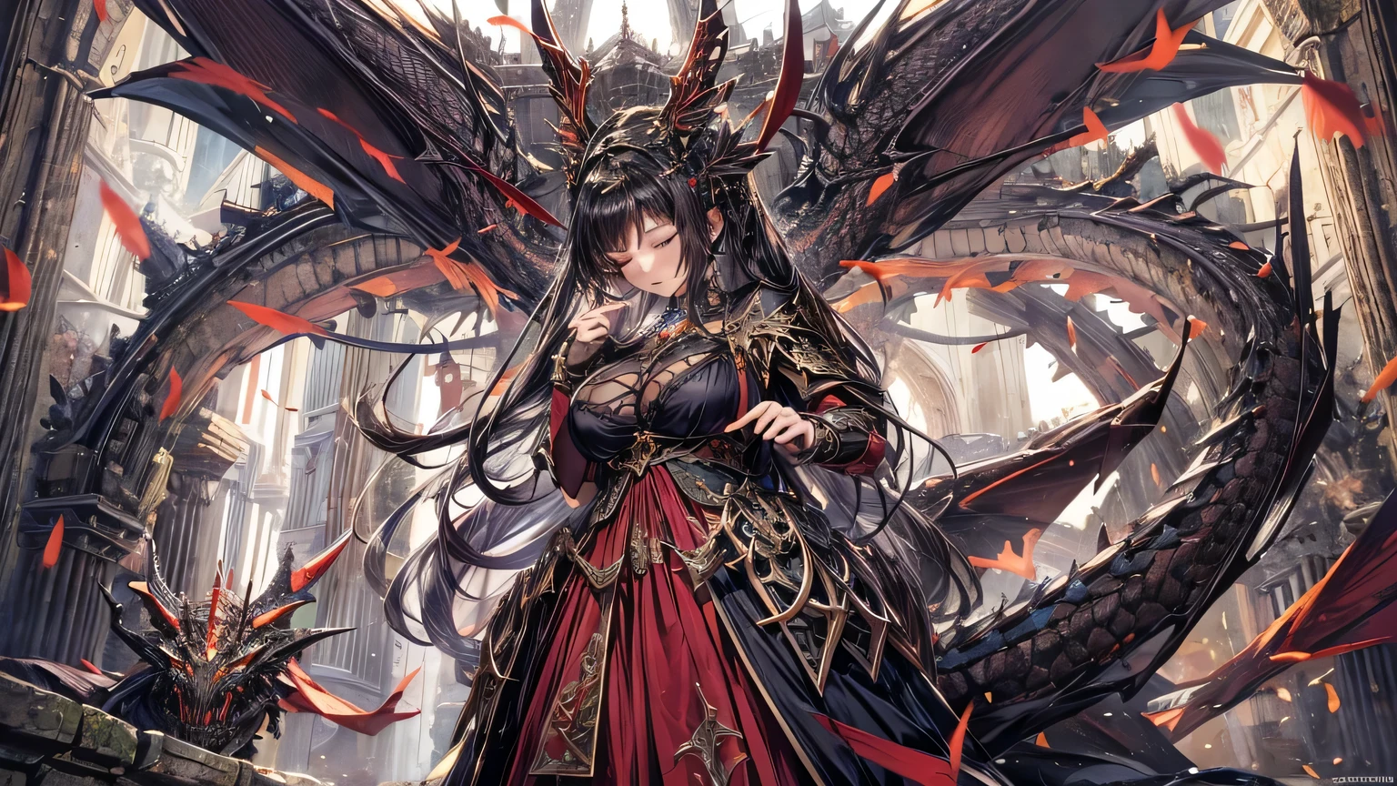((very delicate))best picture quality,((sleeping)) Full body of a beautiful gentleman，Full body with buttocks visible, bikini, red light armor, Exquisite dark brown hairstyle.，bright eyes, very detailed details,((sleeping)) ancient dragon with huge black wings, Advanced, break your own power, Large breasts that reveal cleavage，R-18G,((ancient fantasy castle background)),,More detailed 8K.Unreal Engine, masterpiece, best quality,object object], (Detailed facial features), (4 k detail fantasy),(realist, photorealism),((precise proportions))