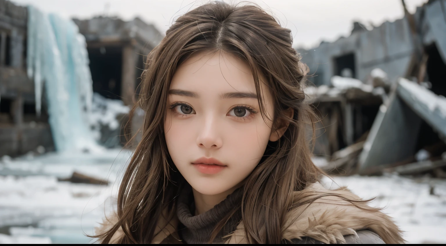 A beautiful woman looks at the camera with a serious expression. Twenty years old. Light brown hair. There are ruins buried in the ice behind her.