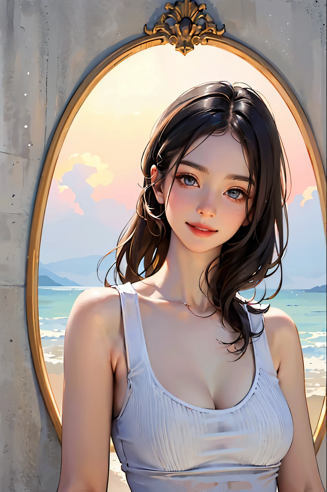 (((masterpiece:5.2, highest quality))), (highly detailed face,very beautiful face, real image, transparency,realistic skin, realistic body, intricate details), alone, 1 beautiful woman,beautiful breasts,Tank top,smile,