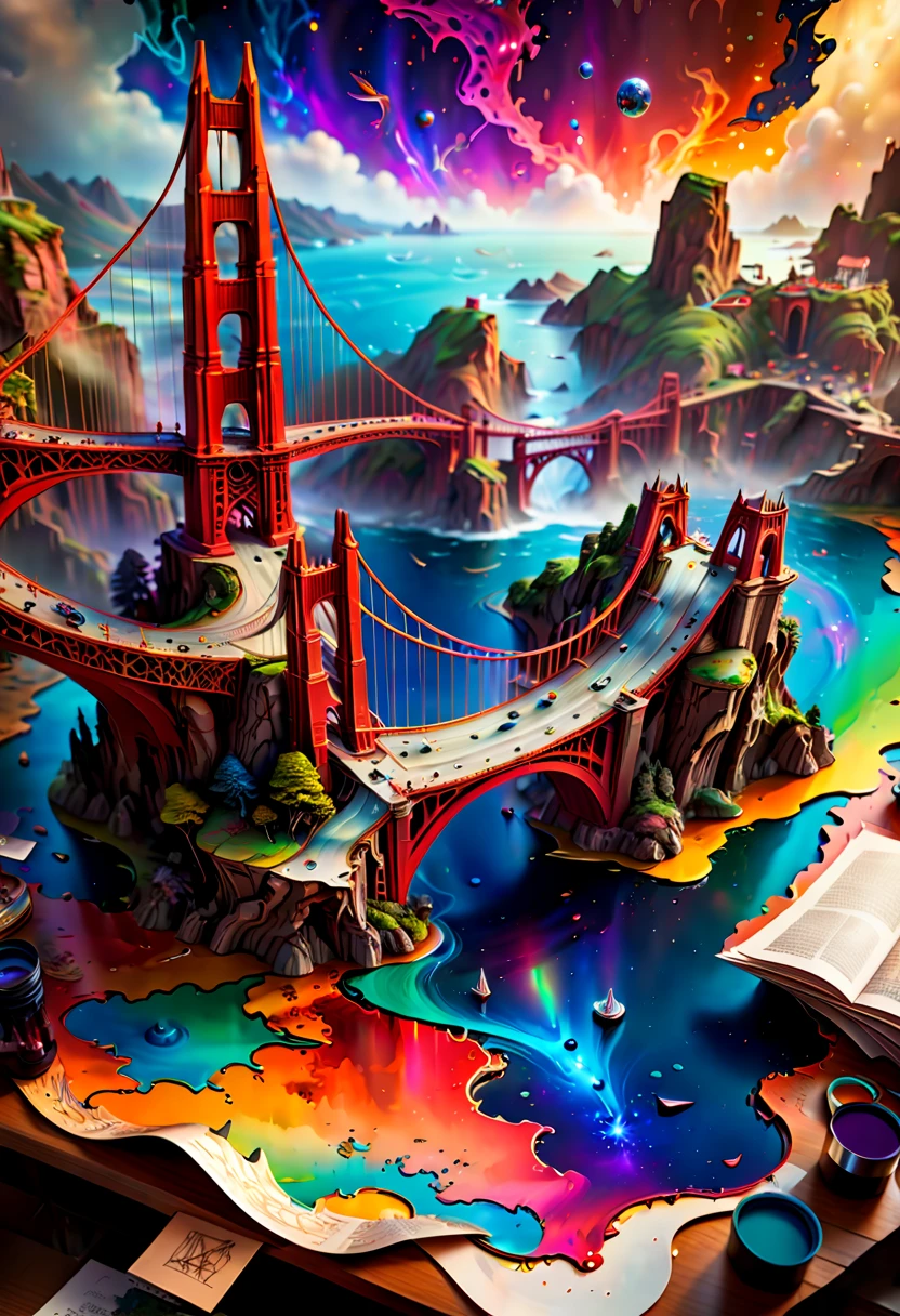 top view of a holographic magical map (3D, Goldengate Bridge), torn and worn, map looks to be floating off the paper, sitting on a wizard's desk, magical multicolored ink, imagination, fantasy art, vivid magical colors, style-paintmagic, (best quality, masterpiece, Representative work, official art, Professional, Ultra high detail, 8k:1.3)