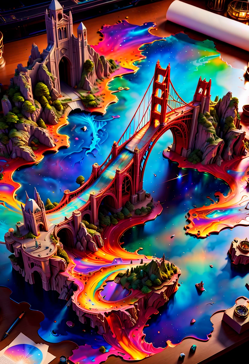 top view of a holographic magical map (3D, Goldengate Bridge), torn and worn, map looks to be floating off the paper, sitting on a wizard's desk, magical multicolored ink, imagination, fantasy art, vivid magical colors, style-paintmagic, (best quality, masterpiece, Representative work, official art, Professional, Ultra high detail, 8k:1.3)