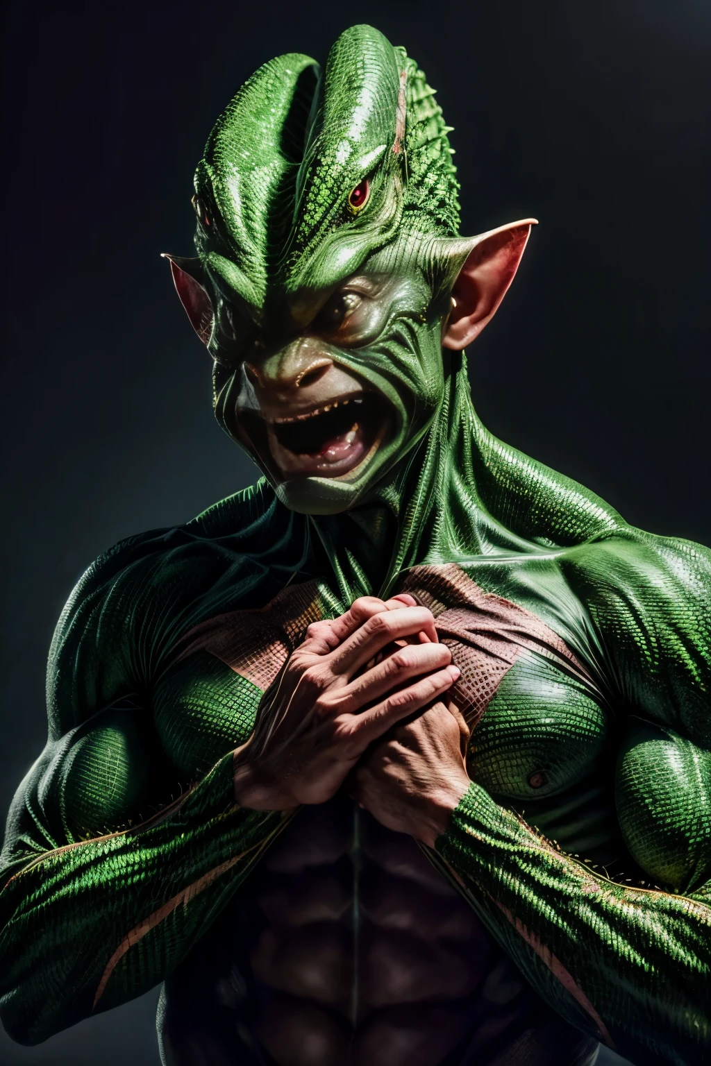 Realistic picture, Highest quality, raw photos, cinematic composition, (full body:1.4) photography of (lizard man eats rat:1.2), (mocking smile:1.2), (dynamic gesture:1.2), haggard face, Aquiline nose, bushy eyebrows, haggard skin, disgusting, annoy, Realistic picture skin texture|light|Wrinkles, เสื้อclothที่มีรายละเอียด, cloth|Wrinkles, Lots of details, complicated details, subsurface scattering, Volume shadow, Sharp focus, 8ก, Highly detailed, UHD, HDR, (Very high facial expression:1.2), (Precise hand anatomy:1.1),36k full hd,