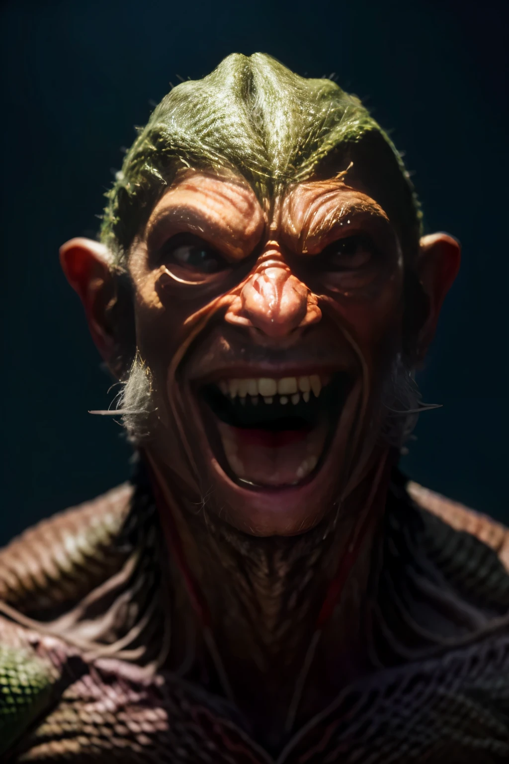 photorealistic sexy white girl Belle Delphine, wearing a cute bald sweaty goblin teen girl mask with green skin, blush, and freckles, and fangs, and braces, and long pointy teeth, she's completely naked with perky breasts. she has very prominent sternocleidomastoids and collar bones. her mouth is agape. she looks scared and disturbed and disgusted. her cute goblin mask is green and covers her entire head and neck and looks just like Belle Delphine