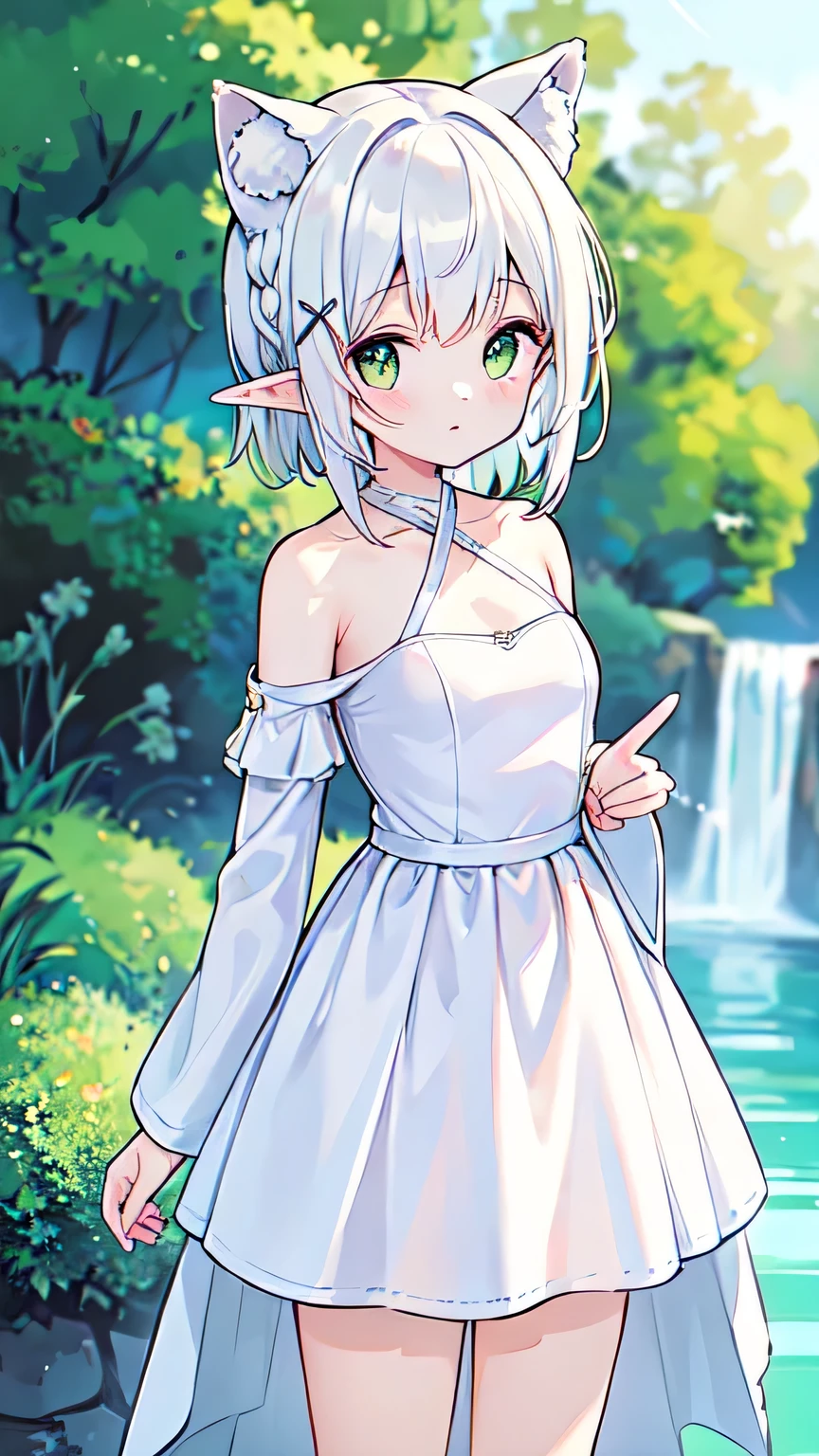 masterpiece, amazing paintings, shape, 1 girl, cute, (dynamic light: 1.2), cinematic light, delicate features, (beautiful eyes: 1.2), (bright green eyes: 1.233), waterfall braid, extra long white hair, elf ears, written boundary depth, background bokeh, clear focus, (Super detailed, Hello, shine: 1.4), long white hair, beautiful girly face, fair, Moderately, (bare shoulders: 1.1), (nude: 1.1), dress, trimmed white, delicate and gorgeous, (slit sleeve, wide sleeve), lush hairpin
