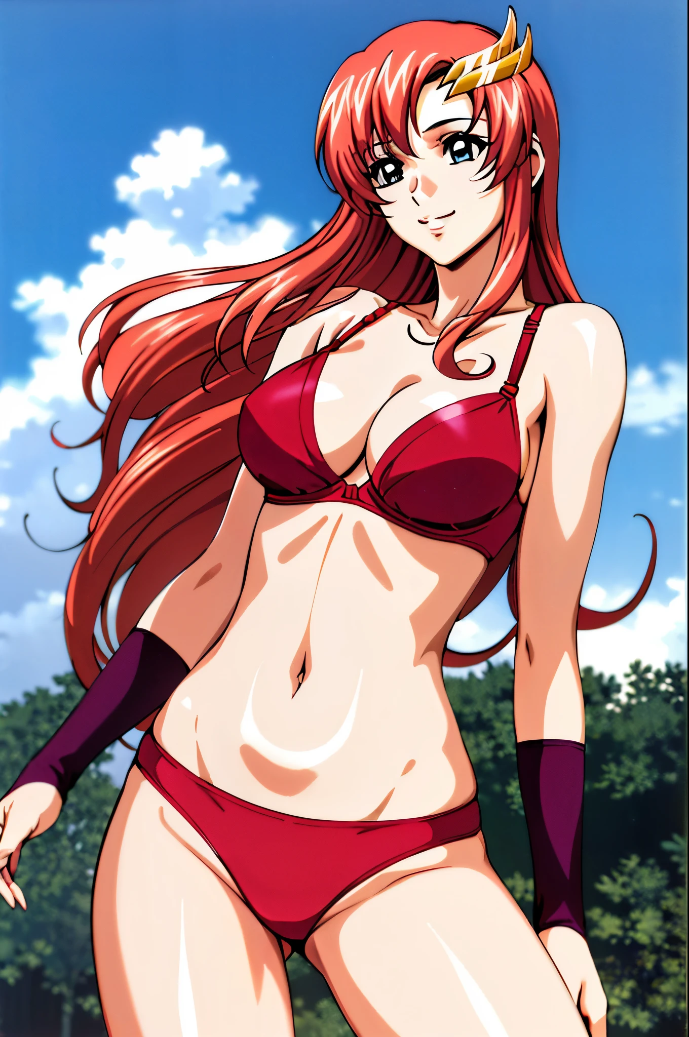 lacus4, (triple red bikini, red boots, arm band, groin, short gloves), (masterpiece, laying on floor, hand stretching, very slim shoulders, 4K, Best Quality, Anime style: 1.9, happy, Adult Woman, (ultra detailed head), (arena, cloud background), Drawing lines, high resolution, lacus4), 1girl, Solo, curvy figure, Long hair, 鎖骨, scapular, (Detailed wide hair bangs, Hair Ornament, Detailed reddish-pink hair, shiny streaks, slim arms, detailed golden crest), cleavage, large hands, (hair cover shoulders). (Big blue eyes, shiny eyes), ((female wrestler, (slim body), standing, slim arms)), ((perfect proportions, medium breasts, long belly)), ((totally red bra, neck band,))), smile, (standing, hot colors), detailed fingers, (bare shoulders)
