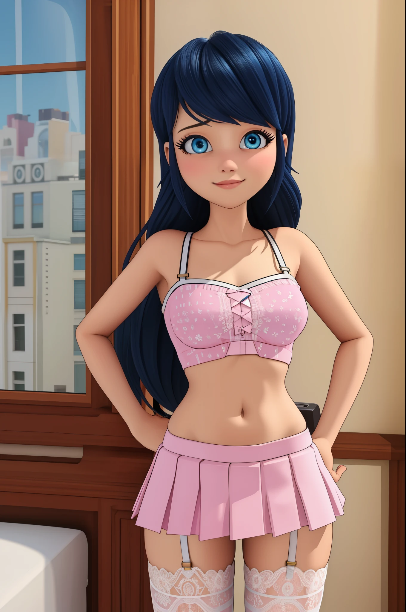 (8k, RAW photo, best quality, masterpiece:1.2), (intricate details), perfect eyes, perfect face, perfect lighting, beautiful, (masterpiece:1.2), (best quality:1.2), 1girl, solo, marinette, blue hair, ((long hair down)), adult torso, 18 years old, slight smile, large sized breasts, (pink sexy mini skirt), cowboy shot, 3DMM,underboobs, lingeries, garters,