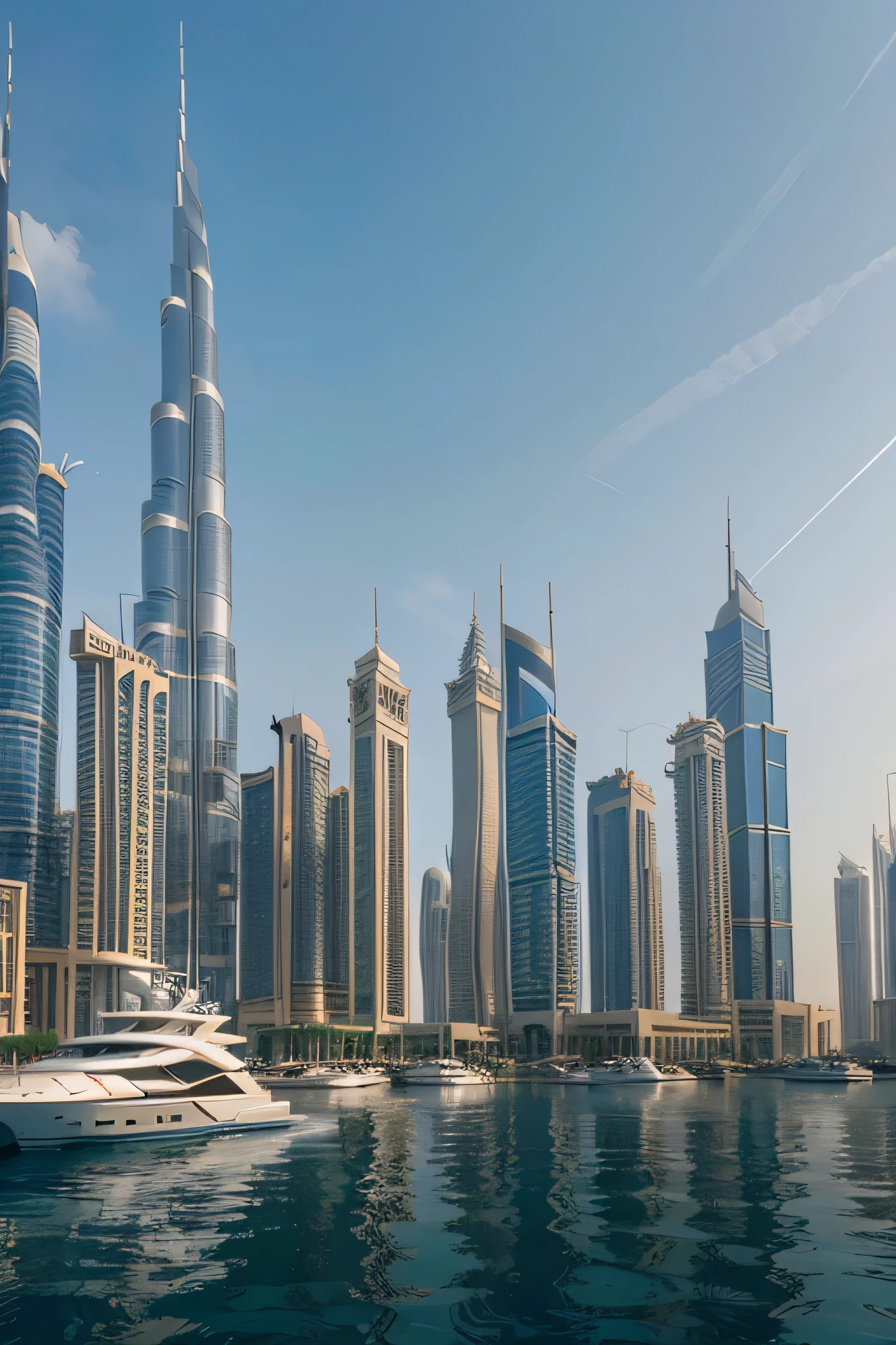 cartoon Dubai City scene, yachts and buildings, morning sky, skyline, skyscrapers, Burj Khalifa, blue tone, masterpiece, best quality, illustration, 8k, UHD, luminosity, Dubai buildings, dubai city, futuristic metropolis, cityscape, eye view, focal point yachts, luxury and futuristic. show more yachts.
