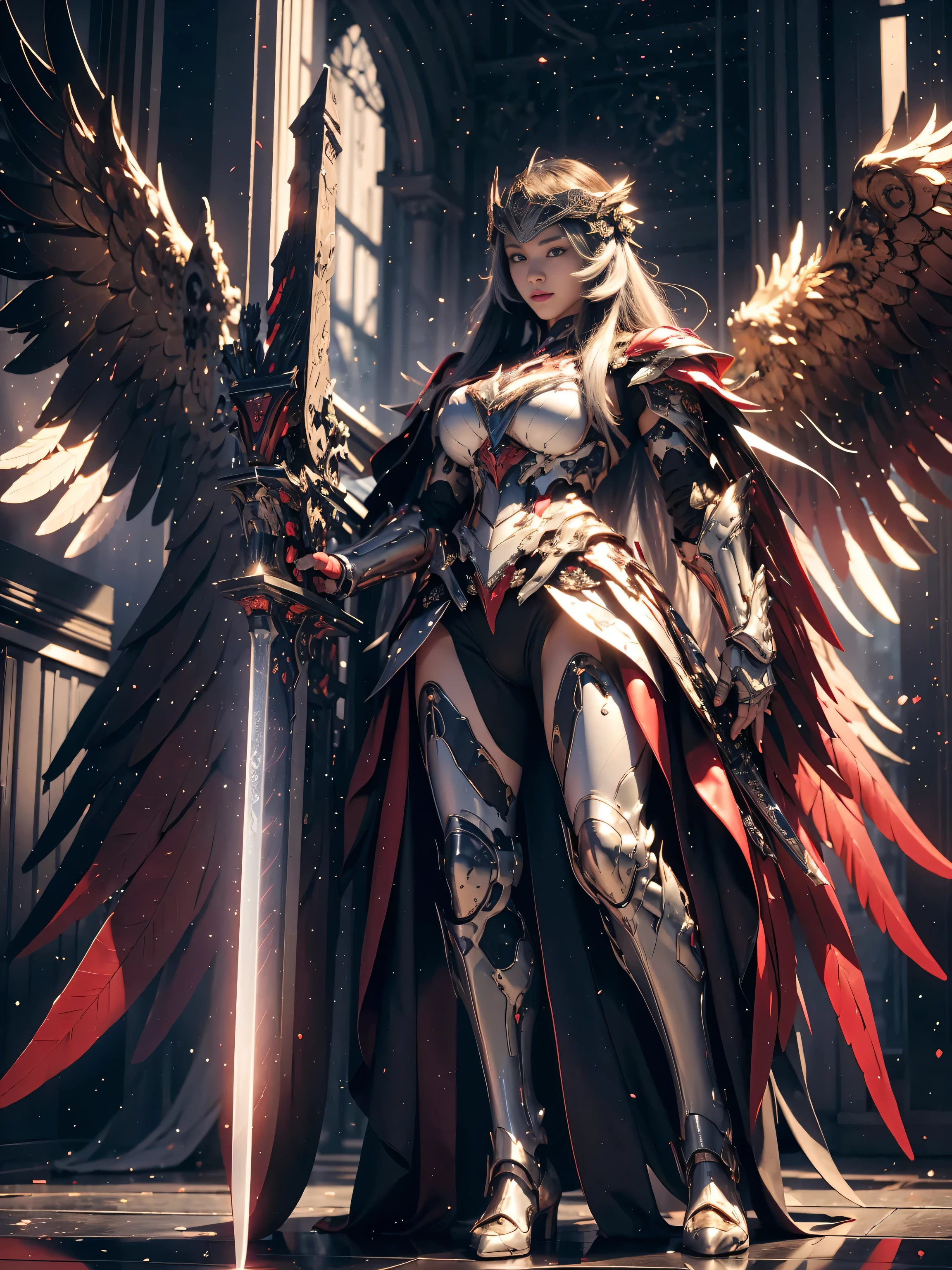 A Beautiful Russian-half-Japanese woman warrior, adorned in intricate golden-black-red armor, holding a magic intricate sword with blue aura effect, jump down from the sky, surrounded by a radiant aura and intricate wings with ruby sapphire and gold. The armor is detailed with various designs and patterns, giving it an elegant yet formidable appearance. Her hair is white long and flowing, blending into the radiant light that surrounds them. Behind her are large, majestic wings that spread out, filling the background of the image. she has intricate feather details and appears both ethereal and powerful. surrealism. realistic, hyper realistic, hyper detailed, 32K, UHD