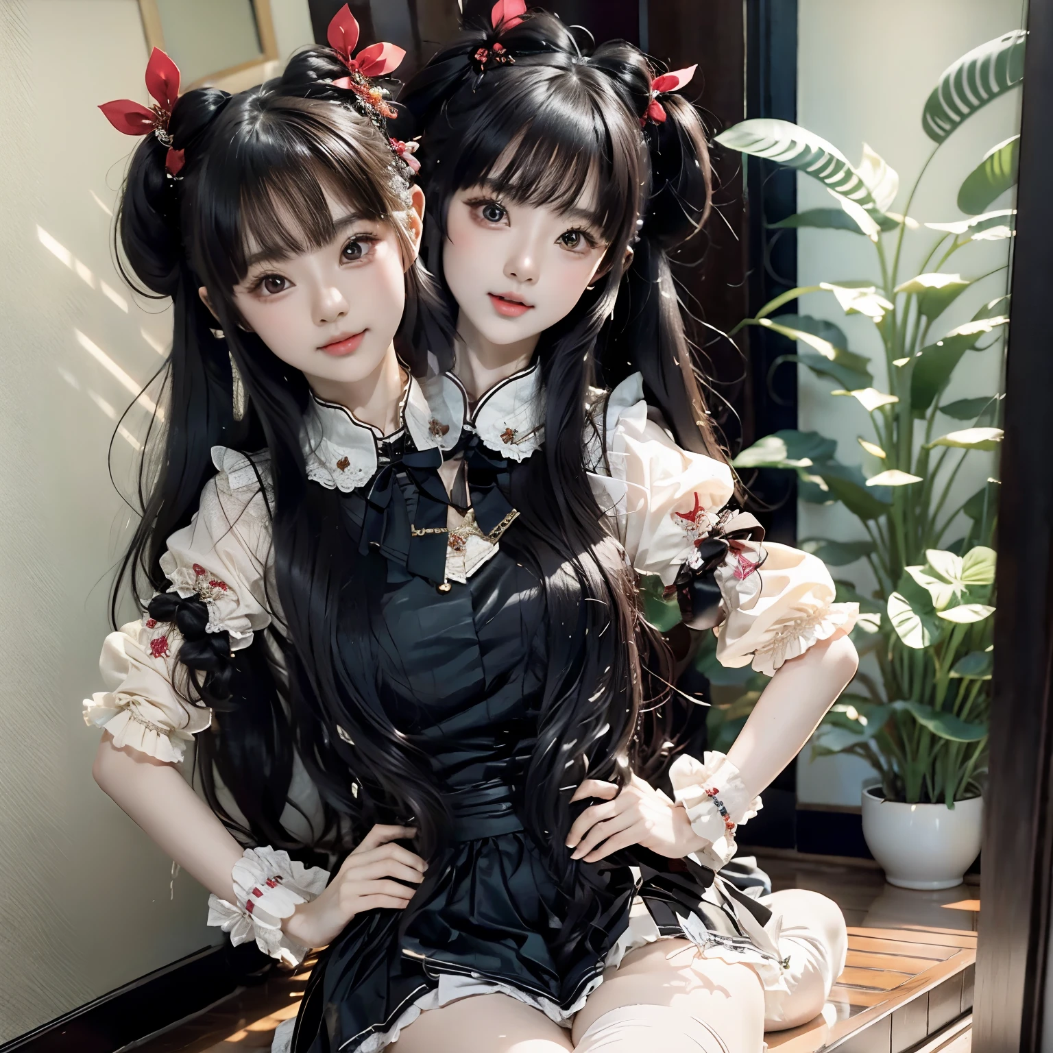 (Two heads), (masterpiece, best quality), 1girl, young teenage girl, asian, posing for a picture in a room, ayami kojima and lyde caldwell, beautiful,  japanese  posing, yoshitomo nara and aya takano, japanese maid cafe, trending at cgstation, twintails, realistic young gravure idol, nixeu and sakimichan, , sakimi chan