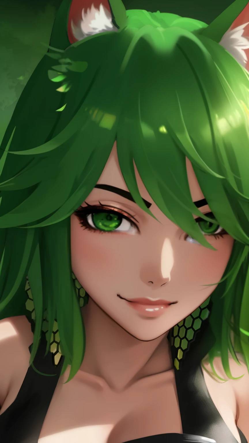 anime girl with green hair and green eyes, nude, naked, green colored hair, anime catgirl, digital green fox, anime styled, anime stylized, vrchat, smirk, sexy smirk, sexy expression, black upper lip, lips, looking at camera, full body, large breasts