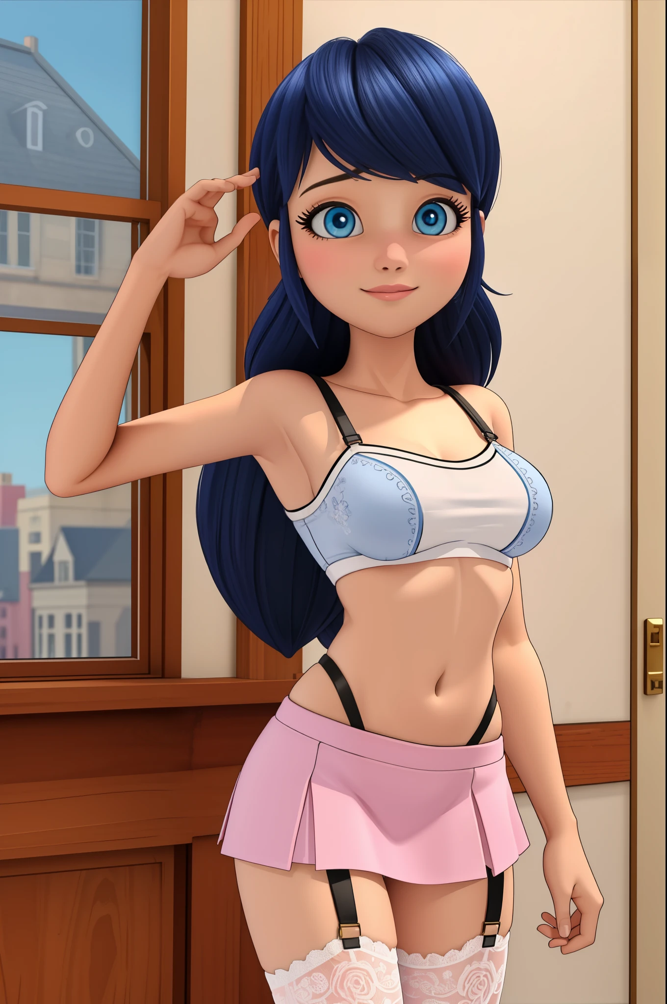 (8k, RAW photo, best quality, masterpiece:1.2), (intricate details), perfect eyes, perfect face, perfect lighting, beautiful, (masterpiece:1.2), (best quality:1.2), 1girl, solo, marinette, blue hair, ((long hair down)), adult torso, 18 years old, slight smile, large sized breasts, (pink sexy mini skirt), cowboy shot, 3DMM,underboobs, lingeries, garters,