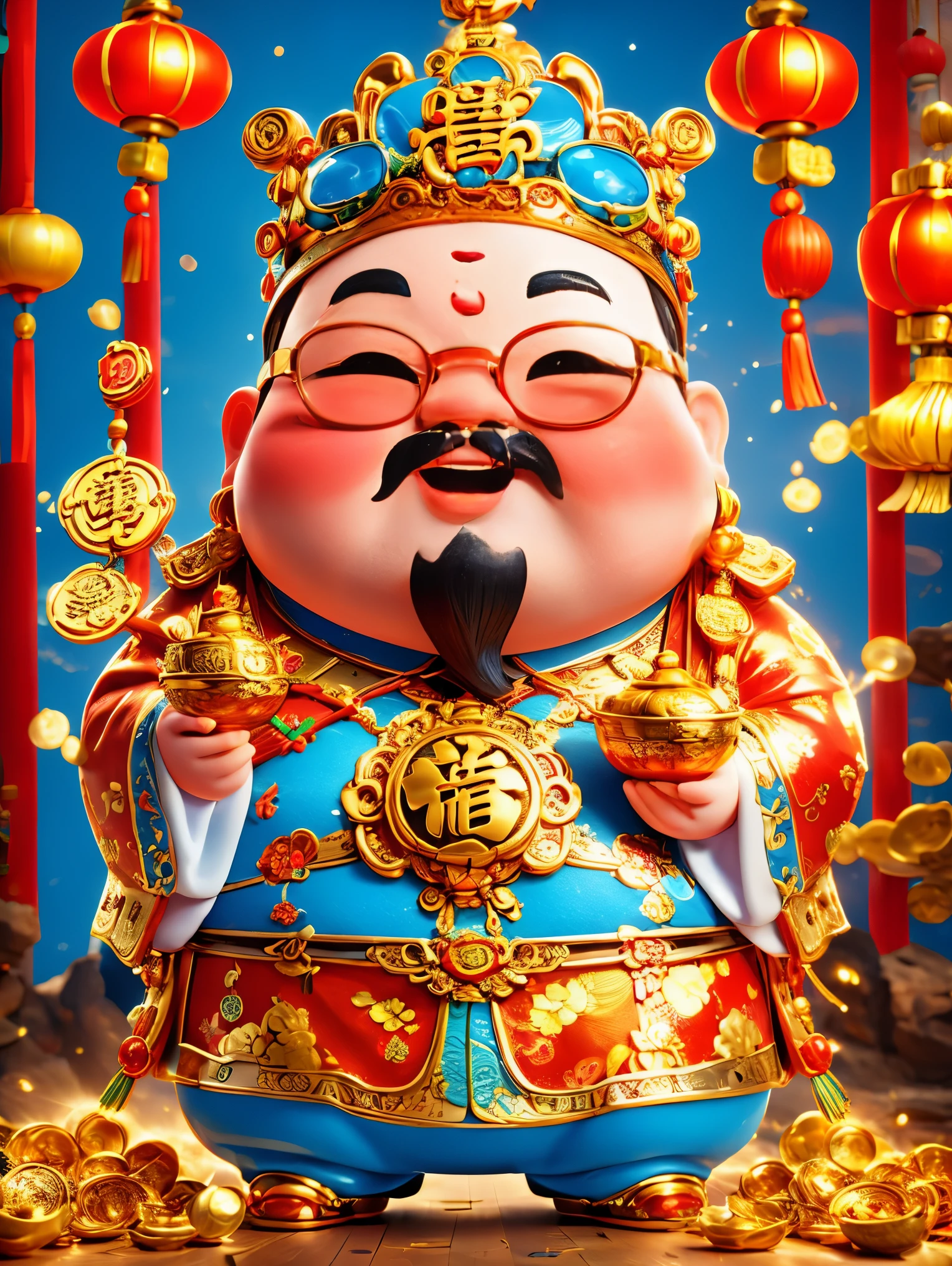 A big, fat and cute Chinese God of Wealth，Wearing cool glasses，Holding gold ingot in hand，Pixar style，(Wearing stylish Chinese New Year clothes)，orange color，white and blue gallery，kawaii style，Intense lighting effects，iphone photos、Ultra-detailed、3D rendering、HD，whole body，(Vision 1.5）, (UHD, masterpiece, ccurate, anatomically correct, super detail, high quality, best quality, 8k)