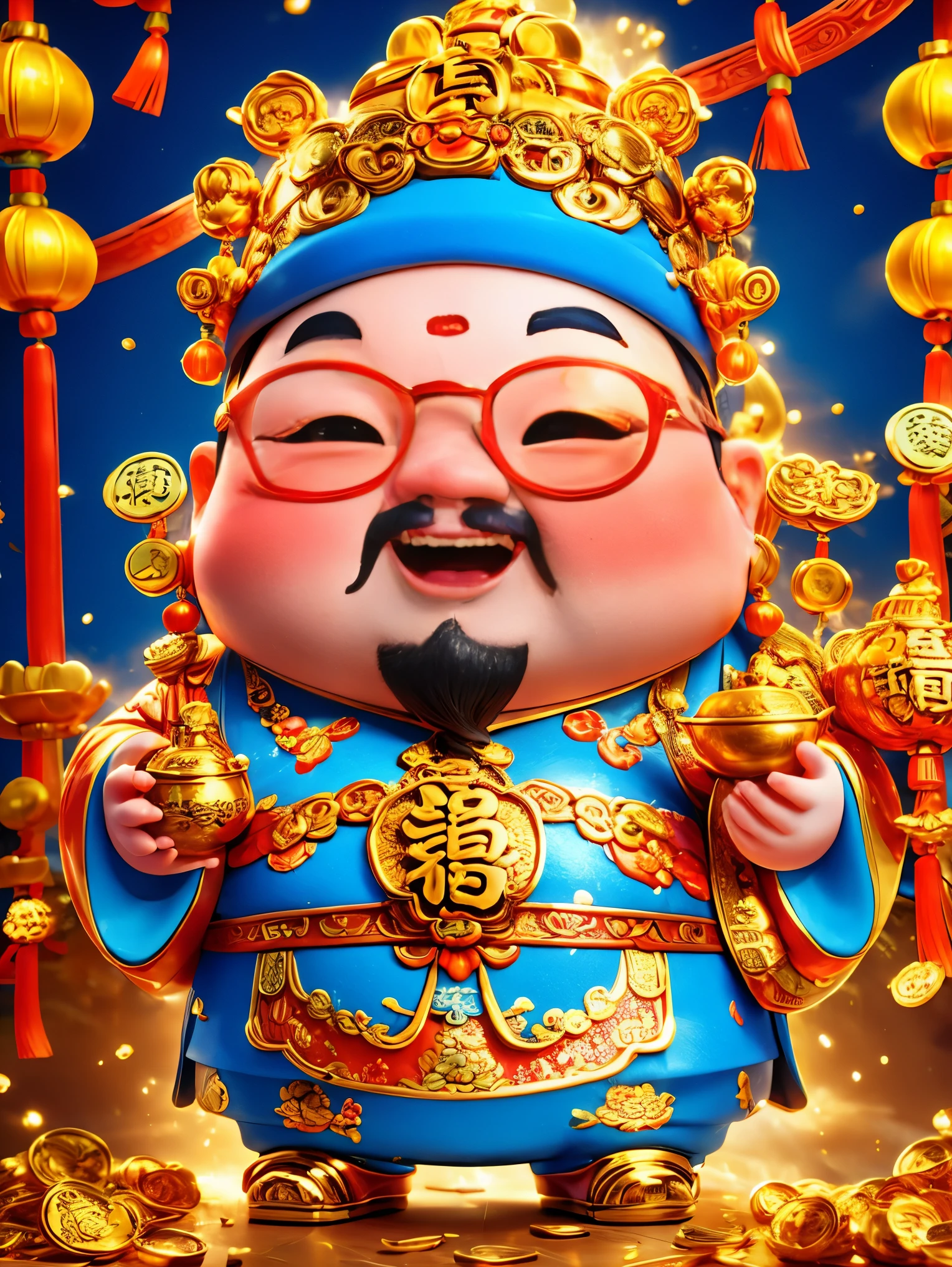 A big, fat and cute Chinese God of Wealth，Wearing cool glasses，Holding gold ingot in hand，Pixar style，(Wearing stylish Chinese New Year clothes)，orange color，white and blue gallery，kawaii style，Intense lighting effects，iphone photos、Ultra-detailed、3D rendering、HD，whole body，(Vision 1.5）, (UHD, masterpiece, ccurate, anatomically correct, super detail, high quality, best quality, 8k)