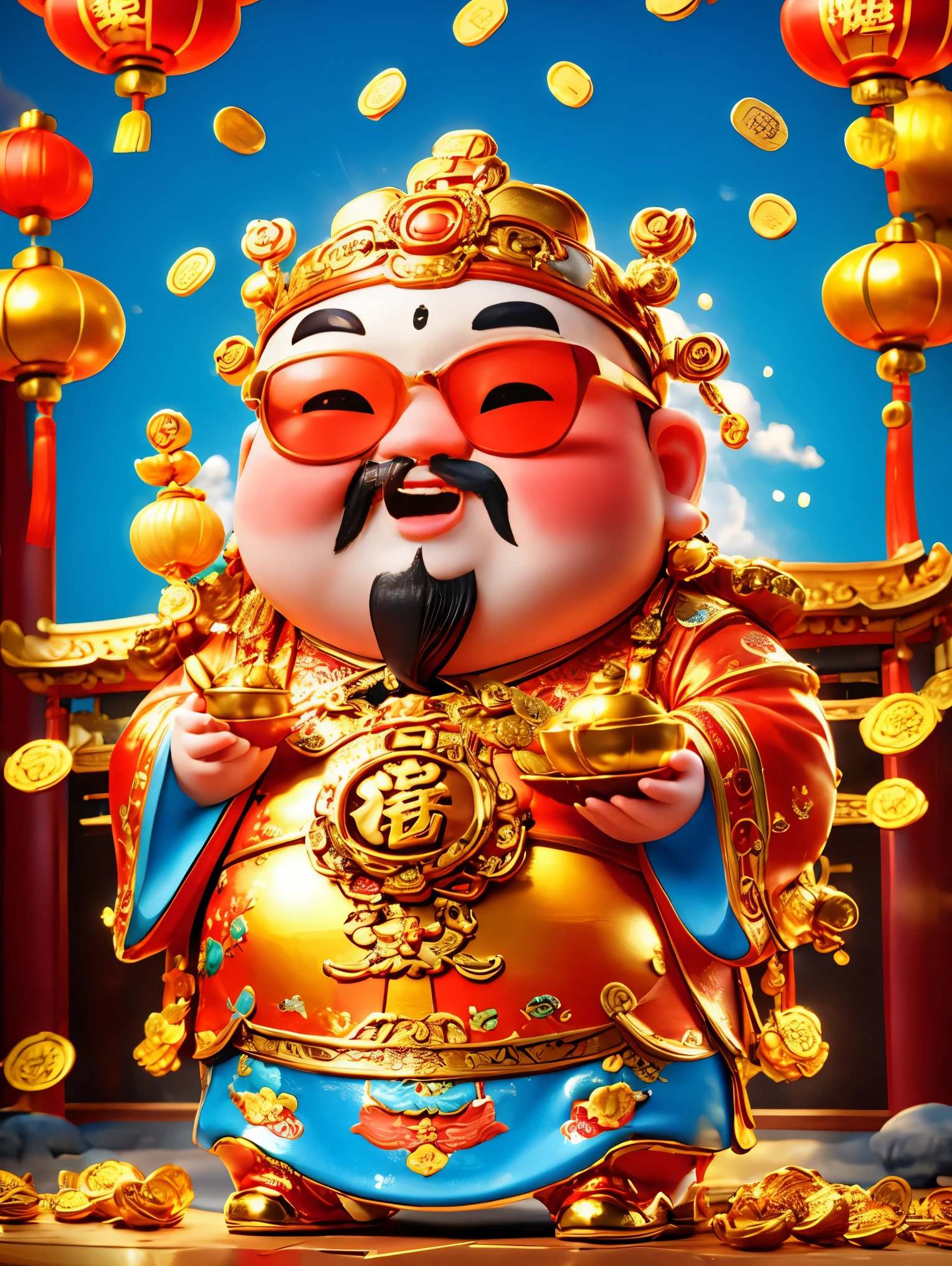 A big, fat and cute Chinese God of Wealth，Wearing cool glasses，Holding gold ingot in hand，Pixar style，(Wearing stylish Chinese New Year clothes)，orange color，white and blue gallery，kawaii style，Intense lighting effects，iphone photos、Ultra-detailed、3D rendering、HD，whole body，(Vision 1.5）, (UHD, masterpiece, ccurate, anatomically correct, super detail, high quality, best quality, 8k)