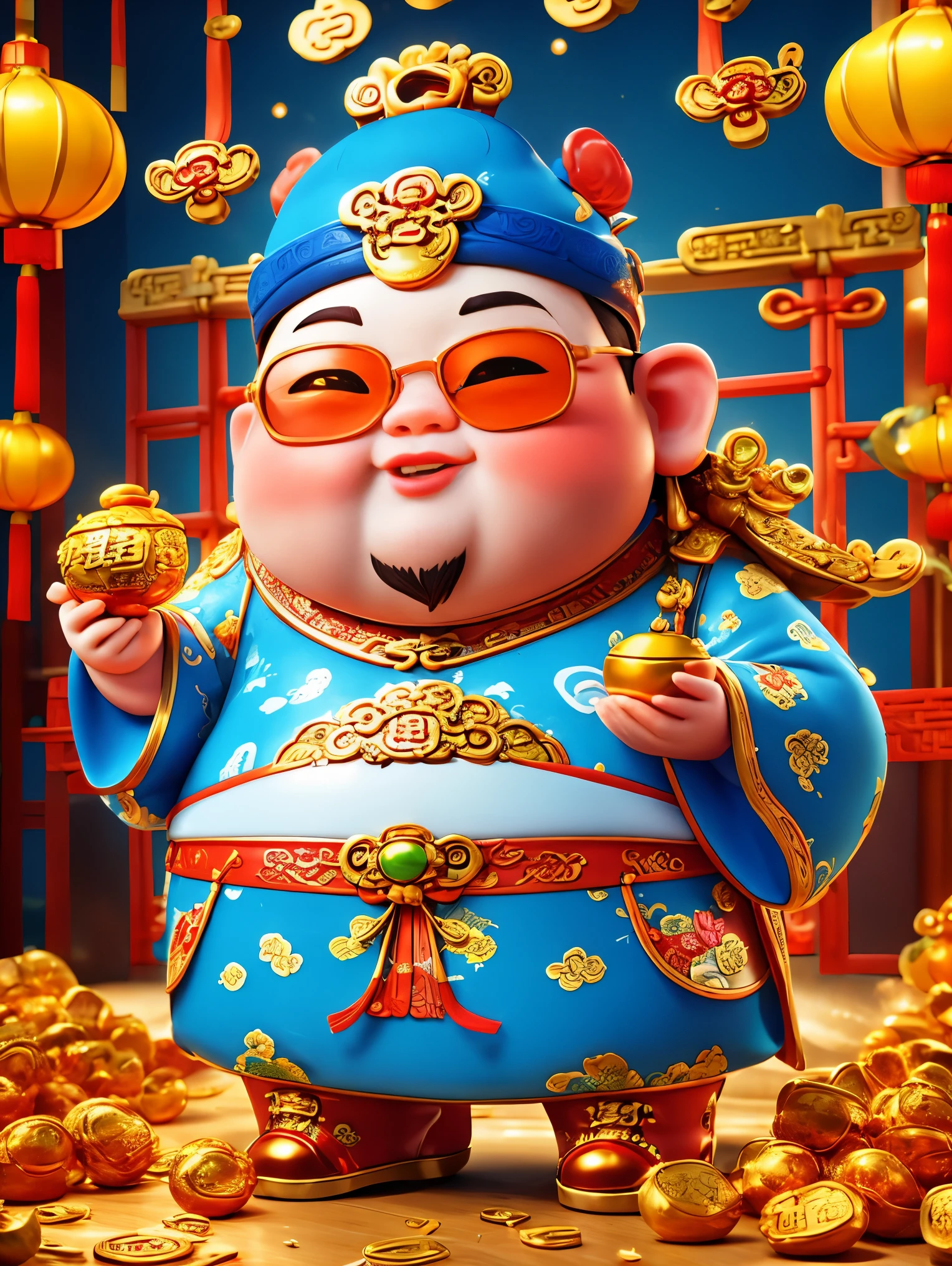 A big, fat and cute Chinese God of Wealth，Wearing cool glasses，Holding gold ingot in hand，Pixar style，(Wearing stylish Chinese New Year clothes)，orange color，white and blue gallery，kawaii style，Intense lighting effects，iphone photos、Ultra-detailed、3D rendering、HD，whole body，(Vision 1.5）, (UHD, masterpiece, ccurate, anatomically correct, super detail, high quality, best quality, 8k)