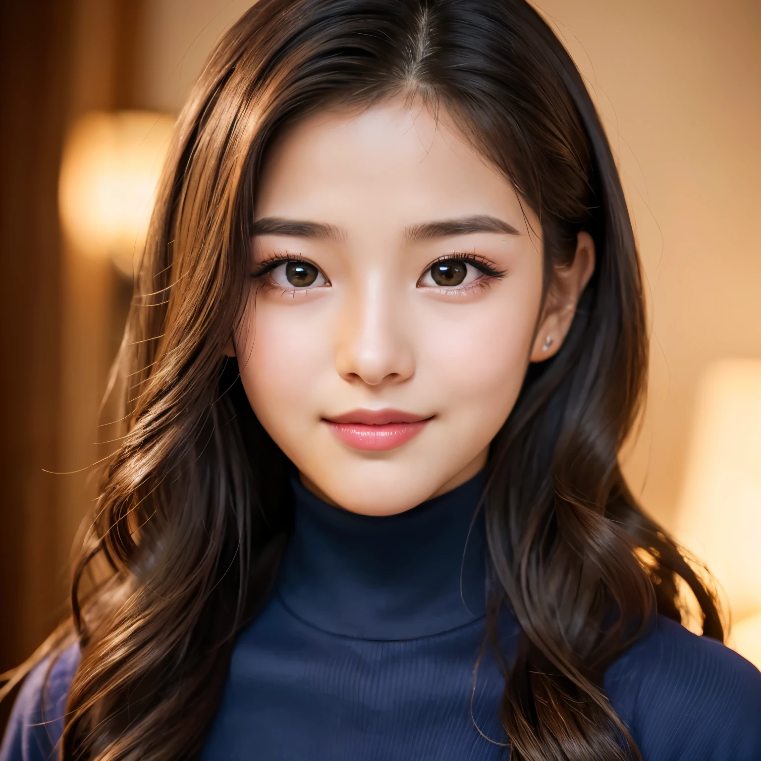 (highest quality、table top、8K、best image quality、Award-winning work)、(1 very young 8 year old girl:1.3)、(Perfect turtleneck blue long knit sweater:1.2)、(eye shadow:1.2)、perfect makeup、long eyelashes、Super high-definition sparkling eyes、ultra high definition hair、ultra high resolution glossy lips、Super high resolution perfect teeth、Super high resolution cute face、brown hair、(elegant wavy hair:1.1)、look at me and smile、(accurate anatomy:1.1)、(close up of face:1.5)、Luxury love hotel、(The most moody warm lighting:1.2)、blurred background