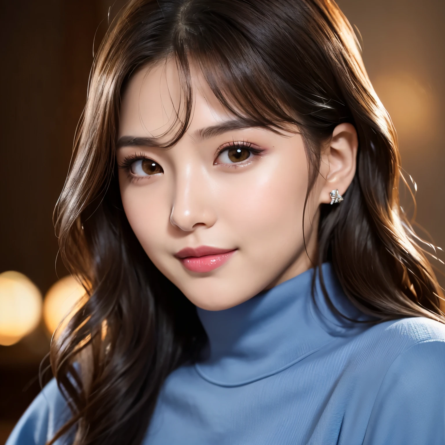 (highest quality、table top、8K、best image quality、Award-winning work)、(1 very young 8 year old girl:1.3)、(Perfect turtleneck blue long knit sweater:1.2)、(eye shadow:1.2)、perfect makeup、long eyelashes、Super high-definition sparkling eyes、ultra high definition hair、ultra high resolution glossy lips、Super high resolution perfect teeth、Super high resolution cute face、brown hair、(elegant wavy hair:1.1)、look at me and smile、(accurate ???????:1.1)、(close up of face:1.5)、Luxury love hotel、(The most moody warm lighting:1.2)、blurred background