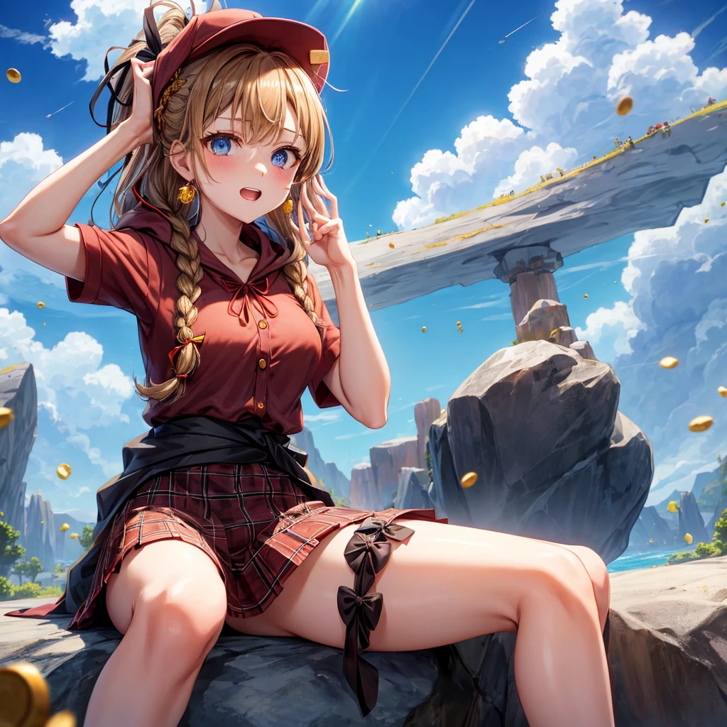 reddish-brown blonde、blue eyes、Braid、ponytail、one good looking girl、solo、anime、Plaid miniskirt、the skirt has buttons、camisole、black t-shirt、dress、Doing the ribbon、Ribbon at waist、cloak、Crystal Grotto、hood、desert、clouds are swirling、stone slabs are piled up、One hand is raised、Wearing a baseball cap 、crystal earrings、sun、sitting、gold coins are falling、teeth are visible