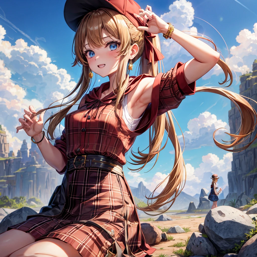 reddish-brown blonde、blue eyes、Braid、ponytail、one good looking girl、solo、anime、Plaid miniskirt、the skirt has buttons、camisole、black t-shirt、dress、Doing the ribbon、Ribbon at waist、cloak、Crystal Grotto、hood、desert、clouds are swirling、stone slabs are piled up、One hand is raised、Wearing a baseball cap 、crystal earrings、sun、sitting、gold coins are falling、teeth are visible