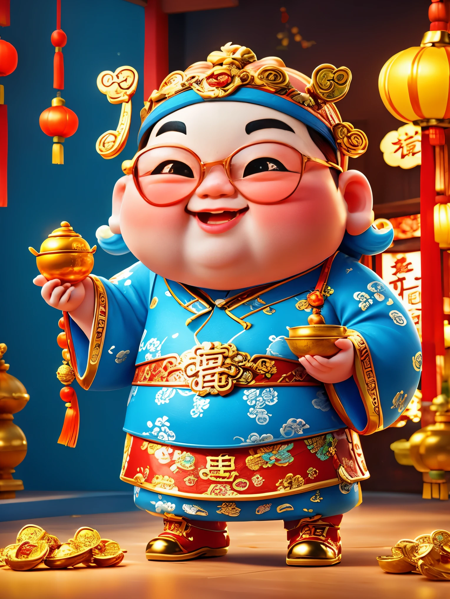 A big, fat and cute Chinese God of Wealth，Wearing cool glasses，Holding gold ingot in hand，Pixar style，(Wearing stylish Chinese New Year clothes)，orange color，white and blue gallery，kawaii style，Intense lighting effects，iphone photos、Ultra-detailed、3D rendering、HD，whole body，(Vision 1.5）, (UHD, masterpiece, ccurate, anatomically correct, super detail, high quality, best quality, 8k)