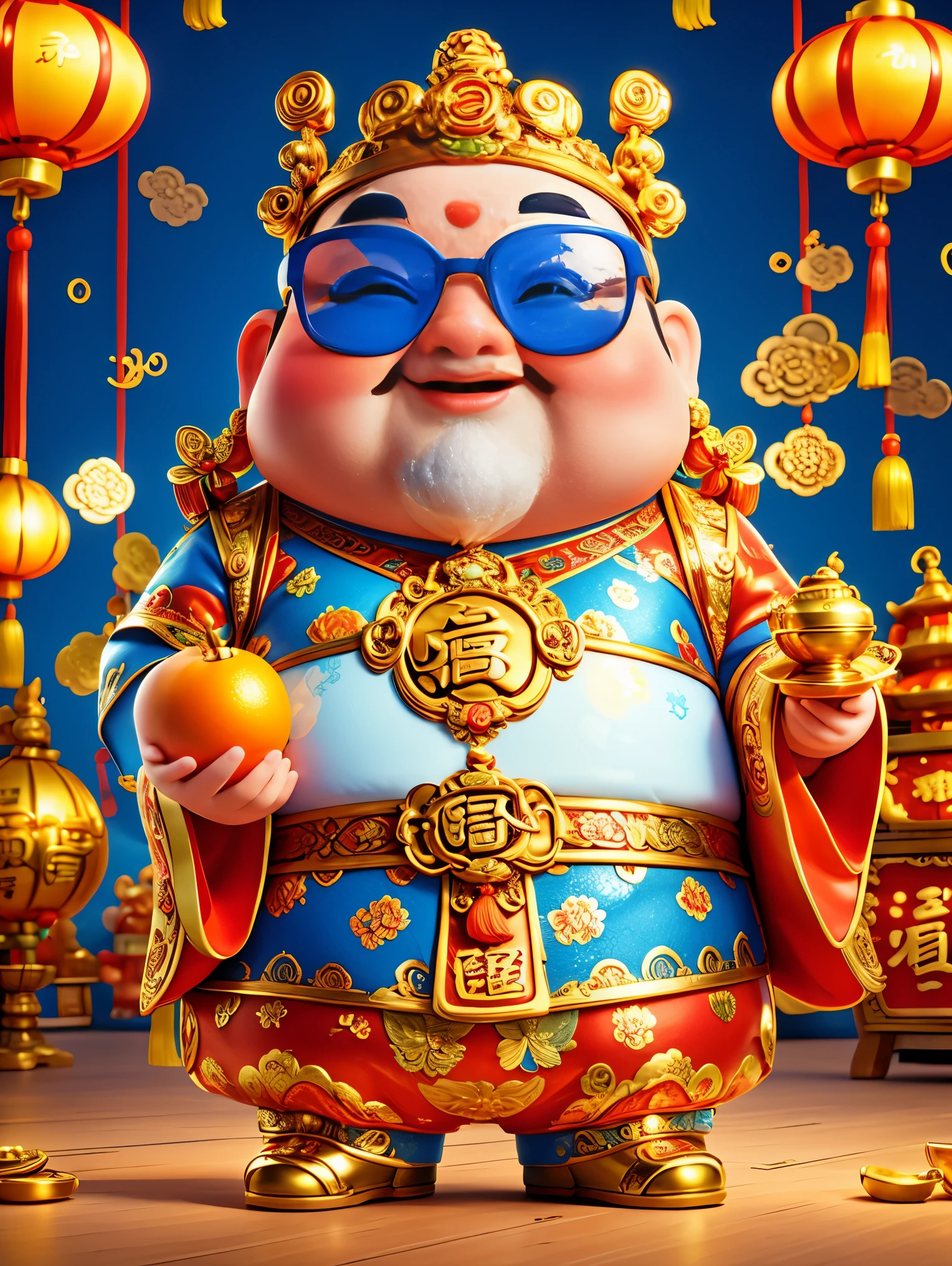 A big, fat and cute Chinese God of Wealth，Wearing cool glasses，Holding gold ingot in hand，Finger to you，Pixar style，Furry texture，Wearing stylish Chinese New Year clothes，orange color，white and blue gallery，POP mart，kawaii style，Intense lighting effects，iphone photos、Ultra-detailed、3D rendering、HD，whole body，(Vision 1.5）, (UHD, masterpiece, ccurate, anatomically correct, super detail, high quality, best quality, 8k)