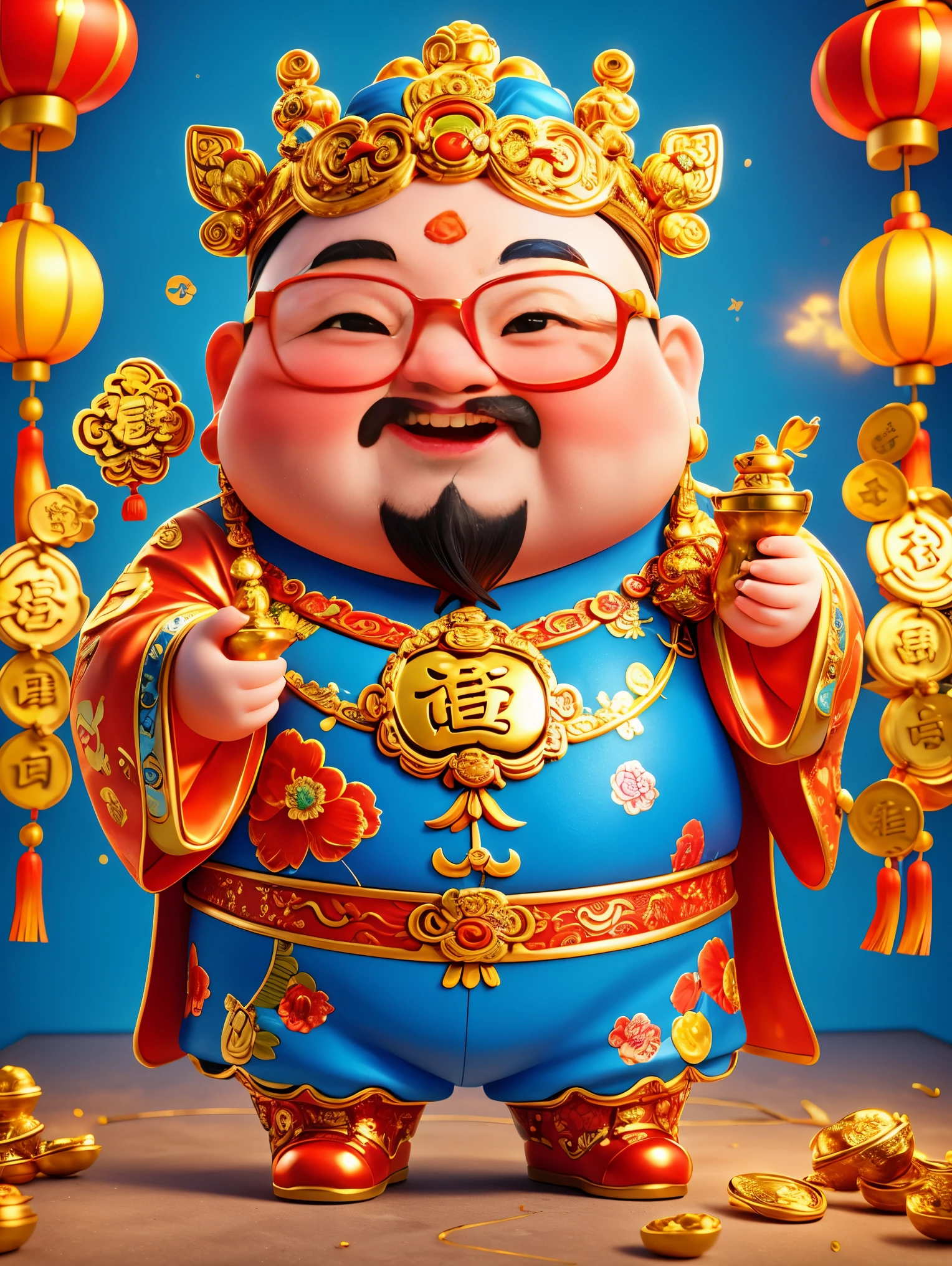 A big, fat and cute Chinese God of Wealth，Wearing cool glasses，Holding gold ingot in hand，Finger to you，Pixar style，Furry texture，Wearing stylish Chinese New Year clothes，orange color，white and blue gallery，POP mart，kawaii style，Intense lighting effects，iphone photos、Ultra-detailed、3D rendering、HD，whole body，(Vision 1.5）, (UHD, masterpiece, ccurate, anatomically correct, super detail, high quality, best quality, 8k)