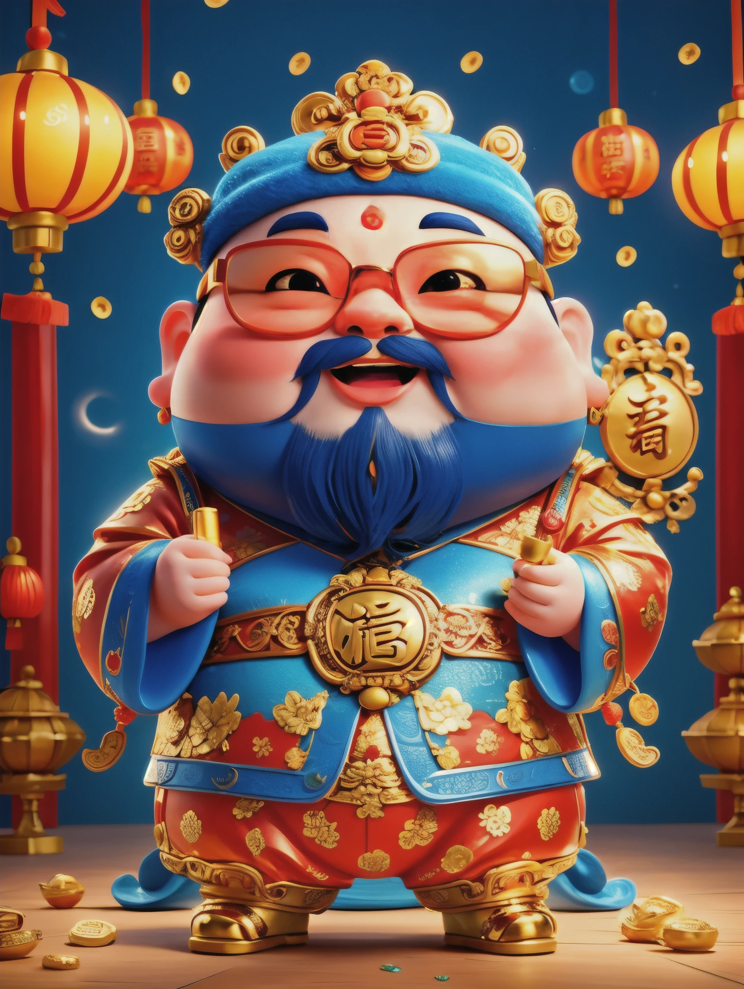 A big, fat and cute Chinese God of Wealth，Wearing cool glasses，Holding gold ingot in hand，Finger to you，Pixar style，Furry texture，Wearing stylish Chinese New Year clothes，orange color，white and blue gallery，POP mart，kawaii style，Intense lighting effects，iphone photos、Ultra-detailed、3D rendering、HD，whole body，(Vision 1.5）, (UHD, masterpiece, ccurate, anatomically correct, super detail, high quality, best quality, 8k)