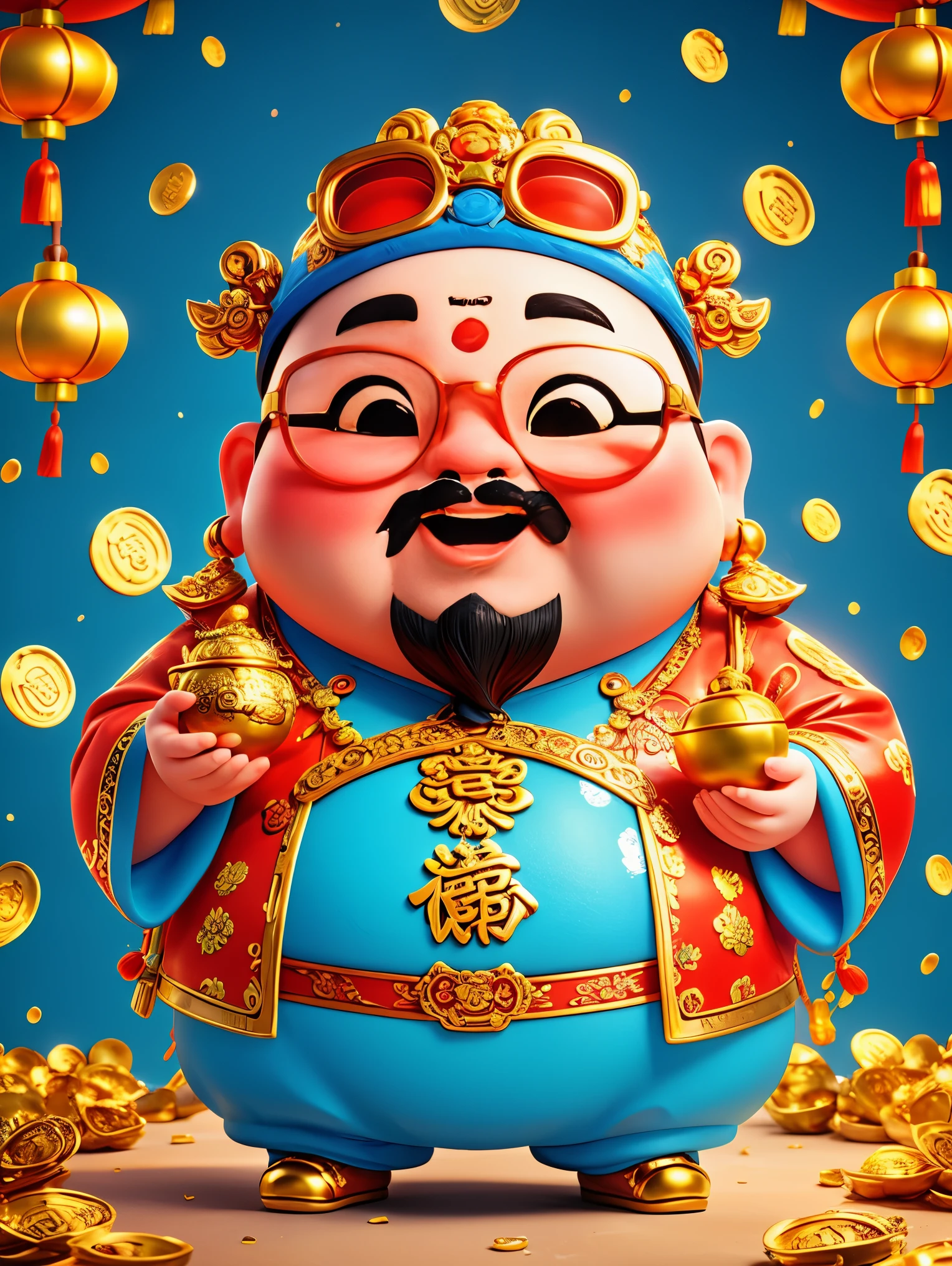 A big, fat and cute Chinese God of Wealth，Wearing cool glasses，Holding gold ingot in hand，Finger to you，Pixar style，Furry texture，Wearing stylish Chinese New Year clothes，orange color，white and blue gallery，POP mart，kawaii style，Intense lighting effects，iphone photos、Ultra-detailed、3D rendering、HD，whole body，(Vision 1.5）, (UHD, masterpiece, ccurate, anatomically correct, super detail, high quality, best quality, 8k)