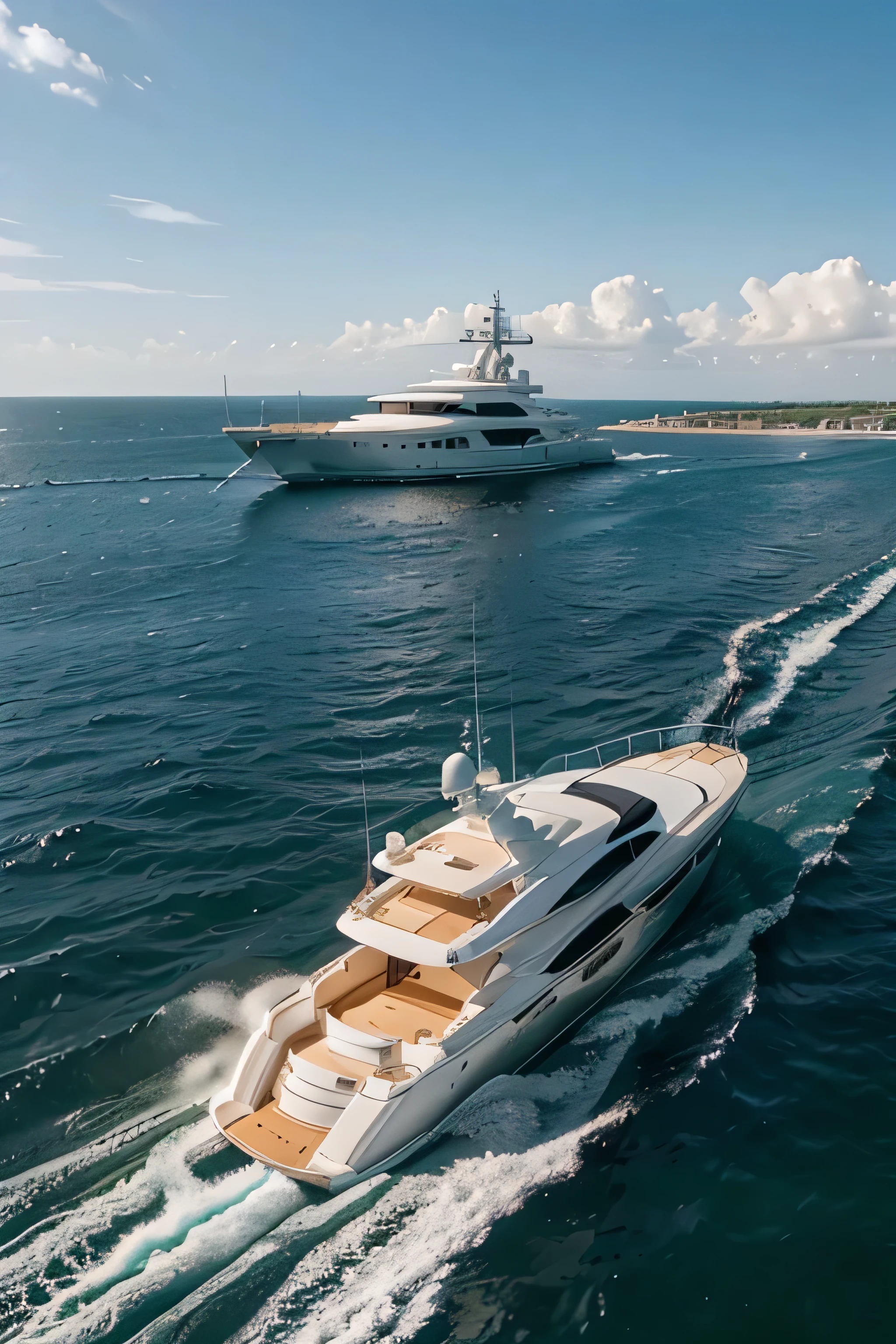 yachts in water moving, side view.
