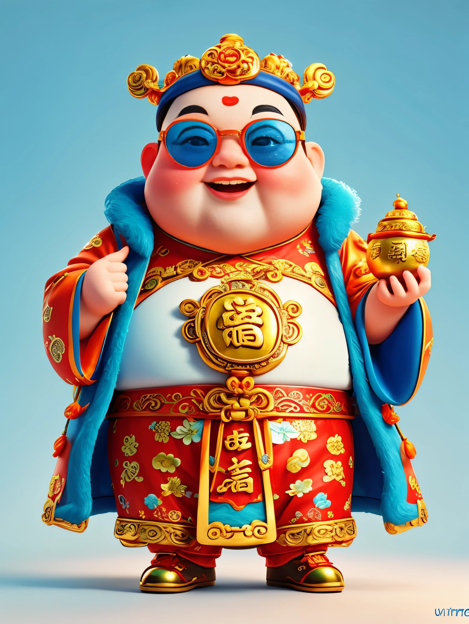 A big, fat and cute Chinese God of Wealth，Wearing cool glasses，Holding gold ingot in hand，Finger to you，Pixar style，Furry texture，Wearing stylish Chinese New Year clothes，orange color，white and blue gallery，simply white background，POP mart，kawaii style，Intense lighting effects，iphone photos、Ultra-detailed、3D rendering、HD，whole body，(Vision 1.5）, (UHD, masterpiece, ccurate, anatomically correct, super detail, high quality, best quality, 8k)