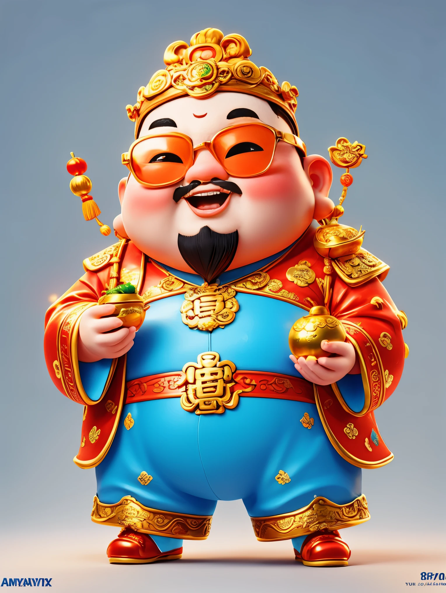 A big, fat and cute Chinese God of Wealth，Wearing cool glasses，Holding gold ingot in hand，Finger to you，Pixar style，Furry texture，Wearing stylish Chinese New Year clothes，orange color，white and blue gallery，simply white background，POP mart，kawaii style，Intense lighting effects，iphone photos、Ultra-detailed、3D rendering、HD，whole body，(Vision 1.5）, (UHD, masterpiece, ccurate, anatomically correct, super detail, high quality, best quality, 8k)