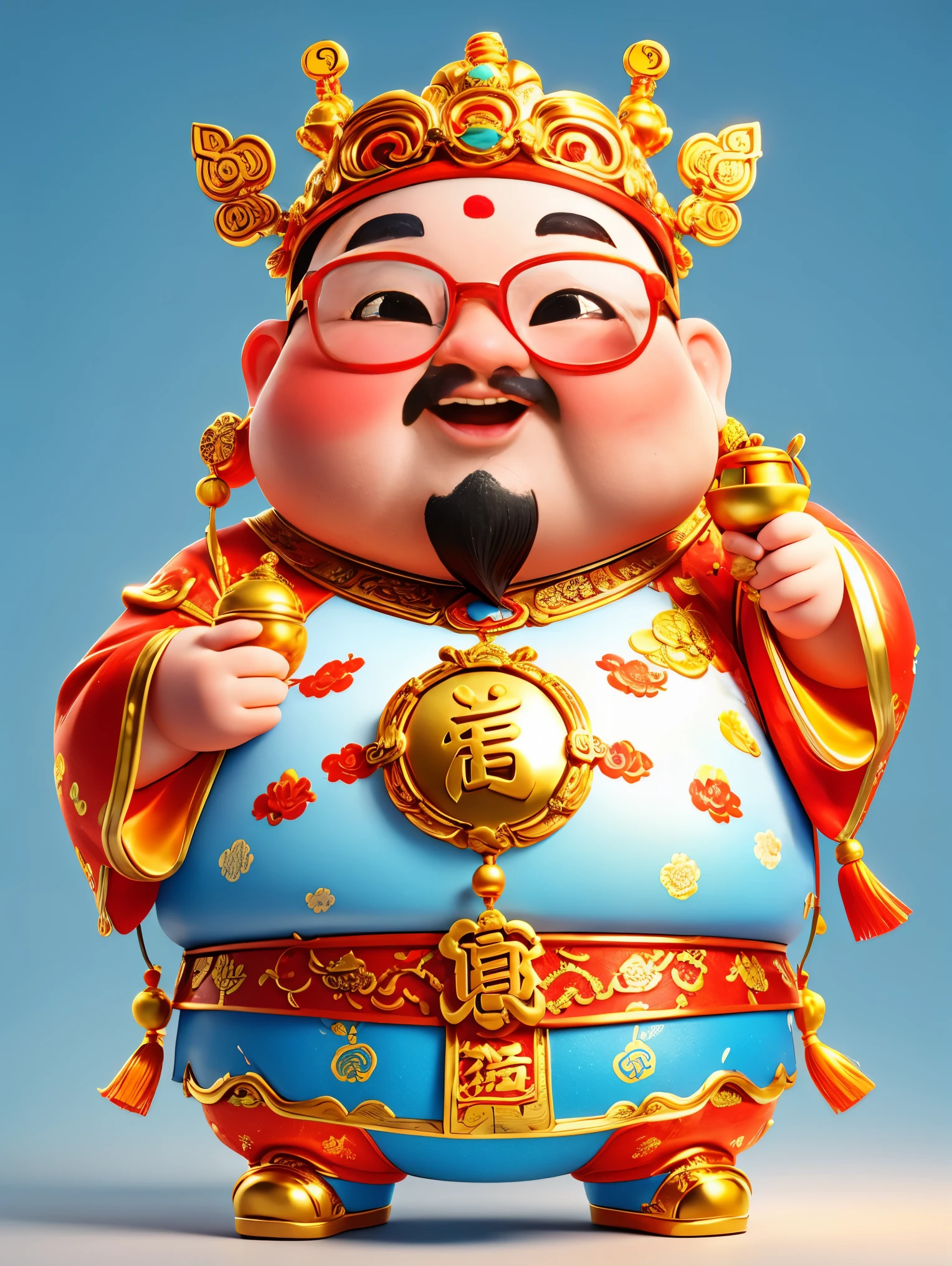 A big, fat and cute Chinese God of Wealth，Wearing cool glasses，Holding gold ingot in hand，Finger to you，Pixar style，Furry texture，Wearing stylish Chinese New Year clothes，orange color，white and blue gallery，simply white background，POP mart，kawaii style，Intense lighting effects，iphone photos、Ultra-detailed、3D rendering、HD，whole body，(Vision 1.5）, (UHD, masterpiece, ccurate, anatomically correct, super detail, high quality, best quality, 8k)