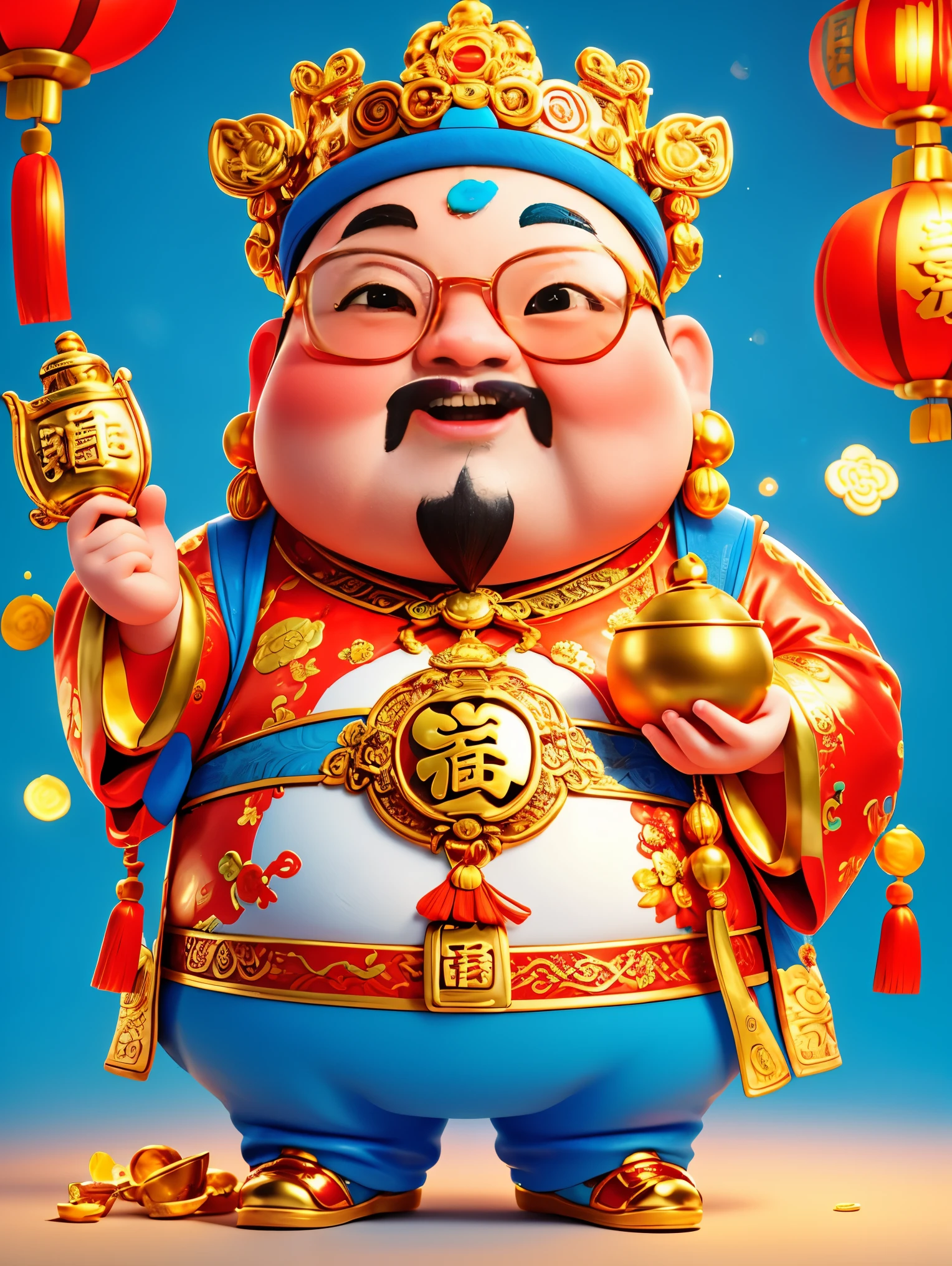 A big, fat and cute Chinese God of Wealth，Wearing cool glasses，Holding gold ingot in hand，Finger to you，Pixar style，Furry texture，Wearing stylish Chinese New Year clothes，orange color，white and blue gallery，simply white background，POP mart，kawaii style，Intense lighting effects，iphone photos、Ultra-detailed、3D rendering、HD，whole body，(Vision 1.5）, (UHD, masterpiece, ccurate, anatomically correct, super detail, high quality, best quality, 8k)