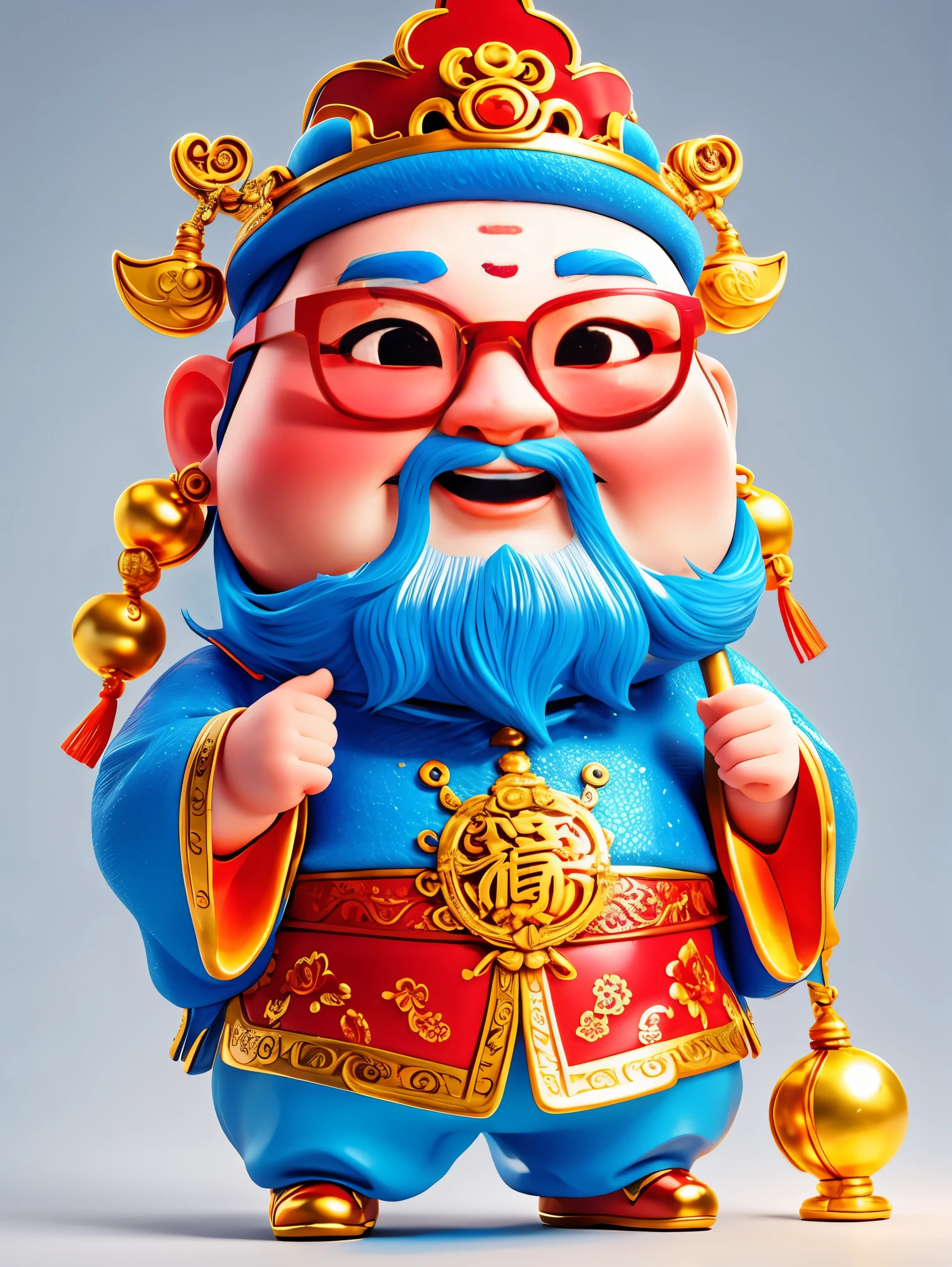 1 Cute Chinese God of Wealth，Wearing cool glasses，Pixar style，White background，whole body，(Vision 1.5）, (UHD, masterpiece, ccurate, anatomically correct, super detail, high quality, best quality, 8k)