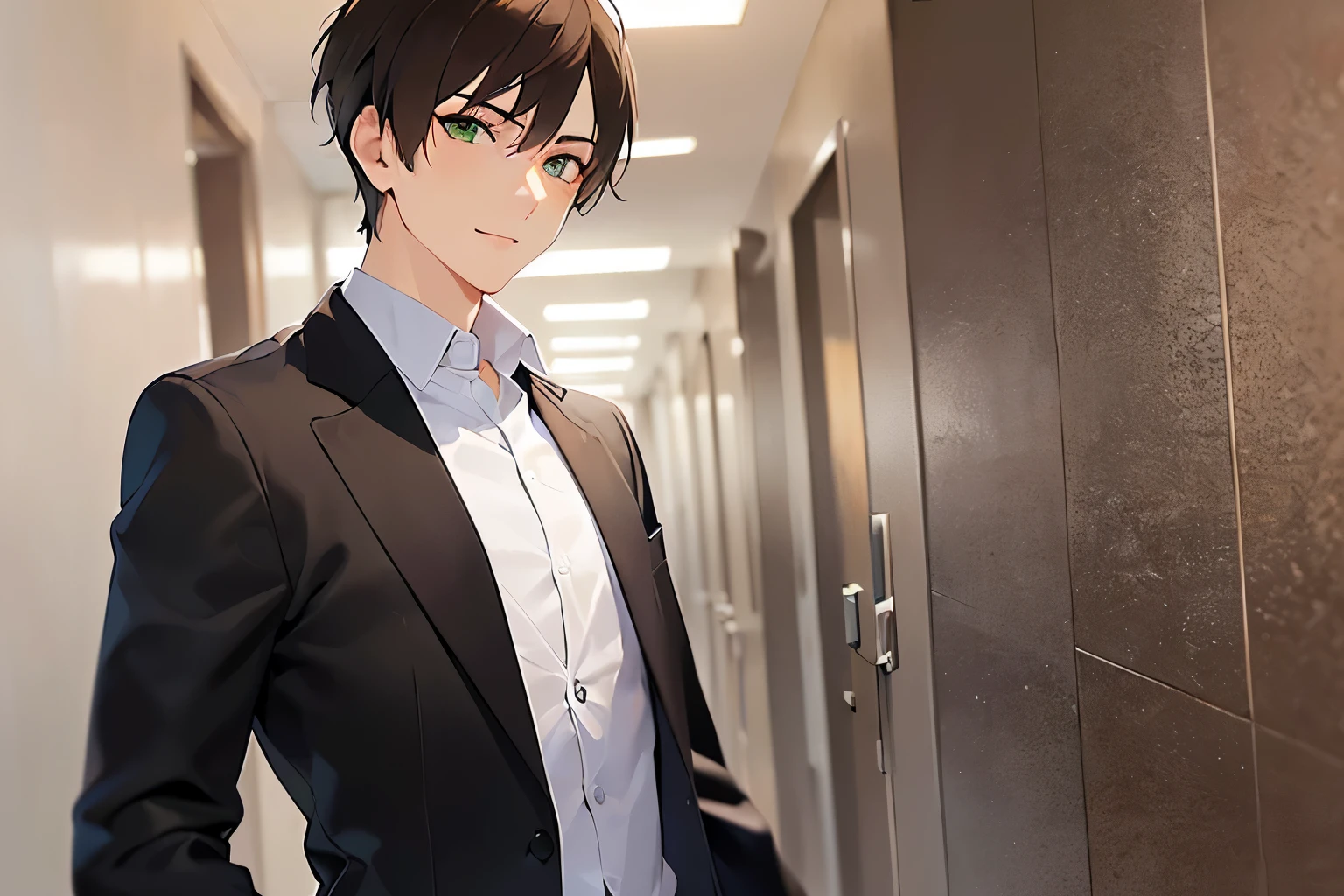 look back, high quality、masterpiece、(25 year old male with short brown hair and green eyes:1.5), (wearing a dark blue suit)、wearing a white shirt、smile, Alone、The background is a hallway of a luxury hotel.