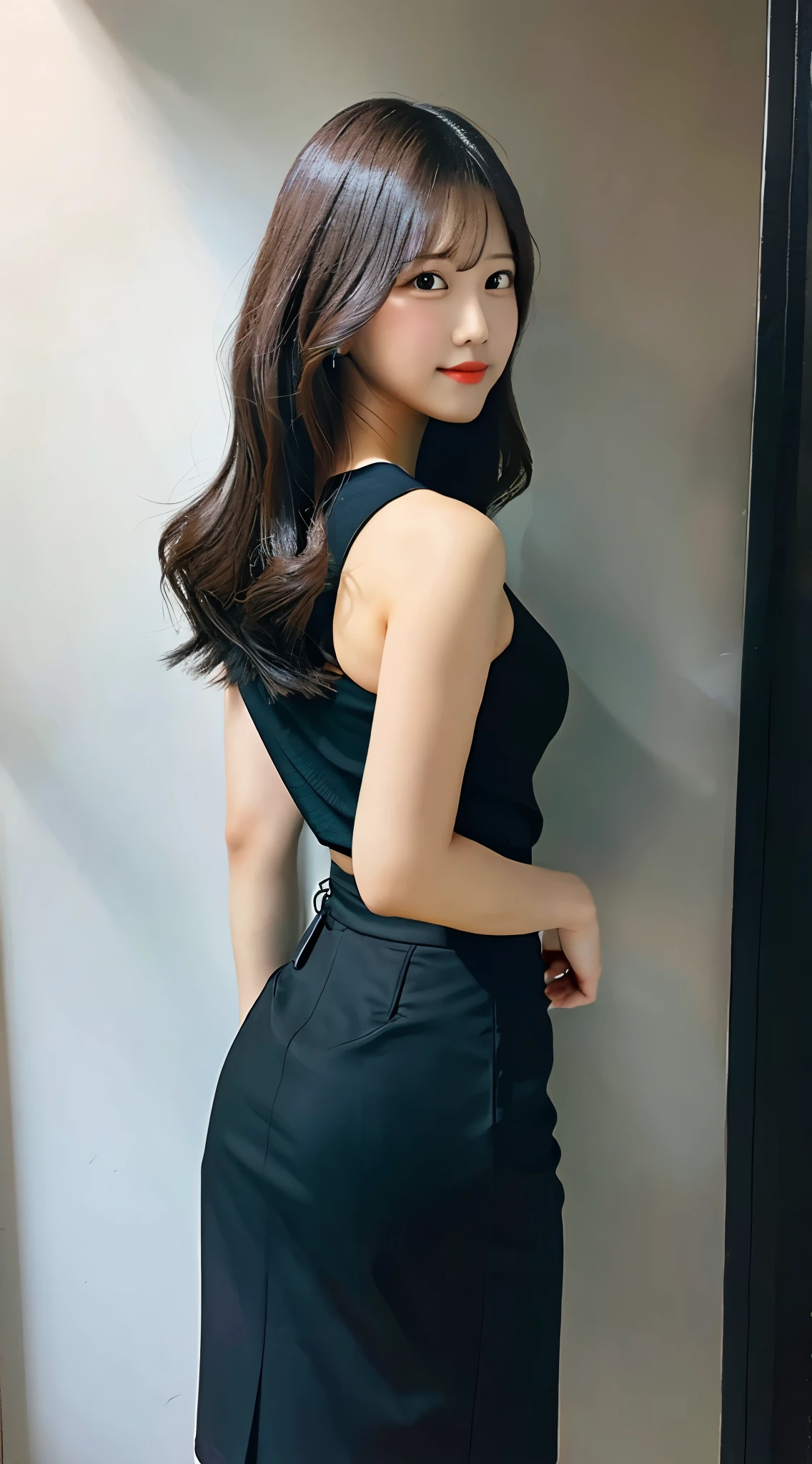 back shot, dark grey pencil skirt
