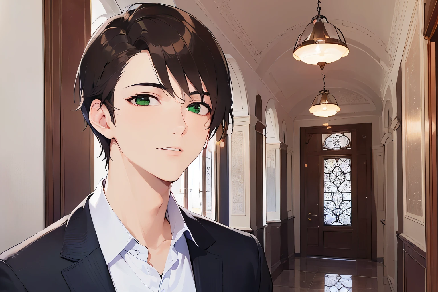 look back, high quality、masterpiece、(25 year old male with short brown hair and green eyes:1.5), (wearing a dark blue suit)、wearing a white shirt、smile, Alone、The background is a hallway of a luxury hotel.