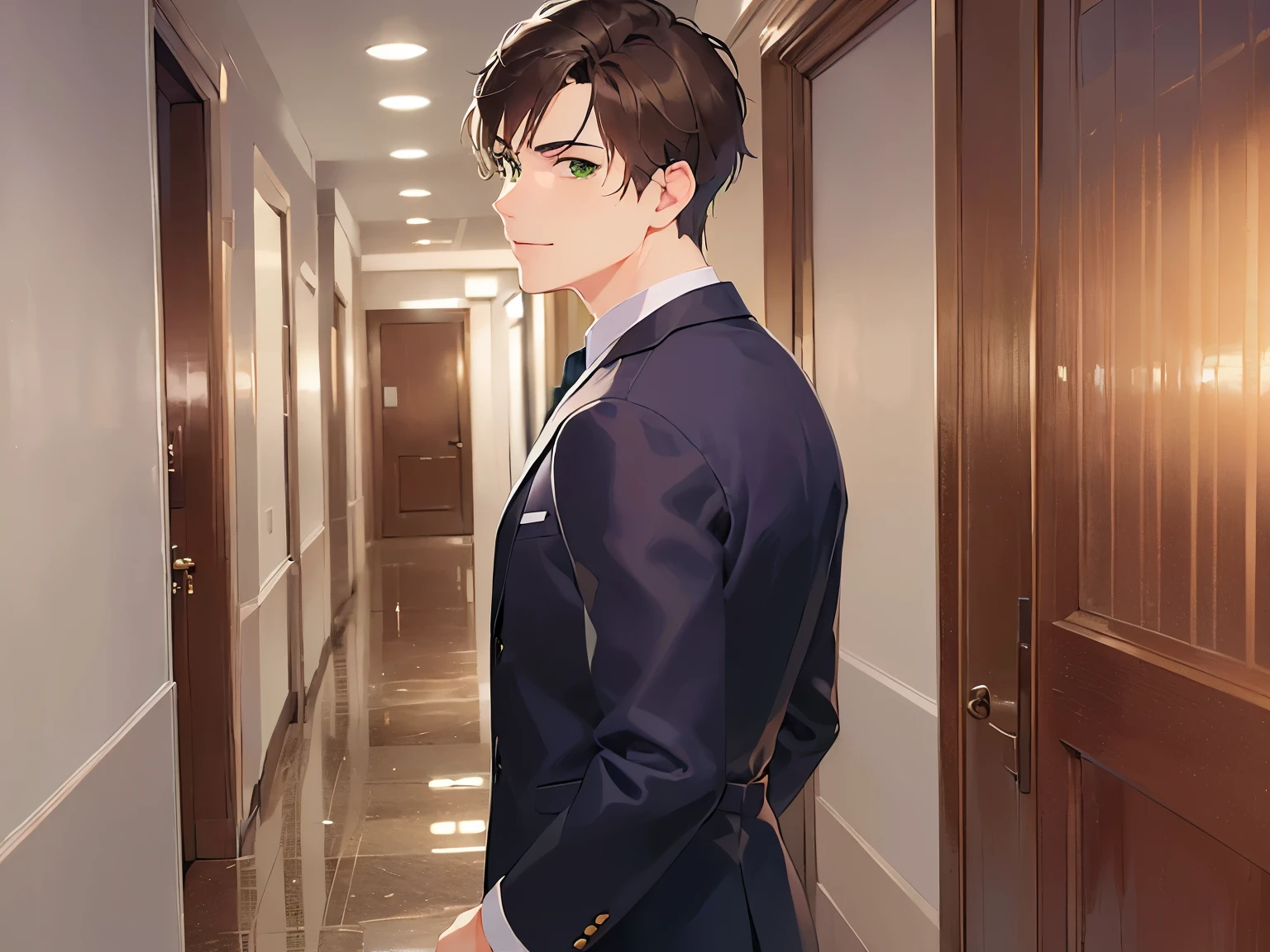 look back, high quality、masterpiece、(25 year old male with short brown hair and green eyes:1.5), (wearing a dark blue suit)、wearing a white shirt、smile, Alone、The background is a hallway of a luxury hotel.