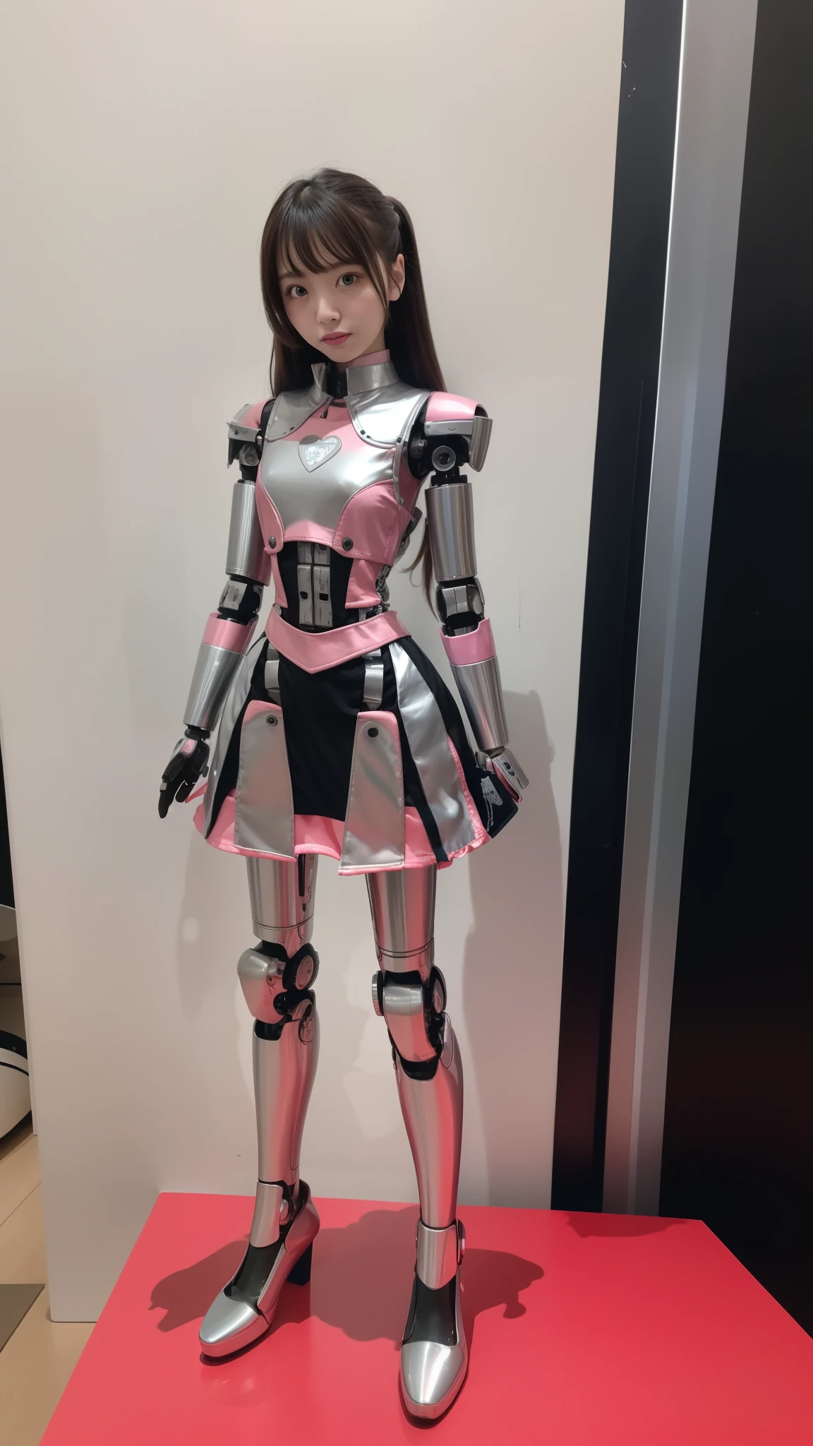 Robot Girl, pink there, Silver, Metallic body, Robot Parts, Metal Parts, Super Detailed Face, Super well-formed face, of the highest quality, a small face, a small head, Brown hair, Slender body, Camera gaze, Internal Mechanical Exposure, Idol, front facing, Well-proportioned body, sale, Exhibited, Event Hall, Moe Pose, pink metallic Lolita dress machine armor, Standing with legs open, Model body type, sad, Embarrassing,(Perfect Robot Girl),(Perfect machine body)