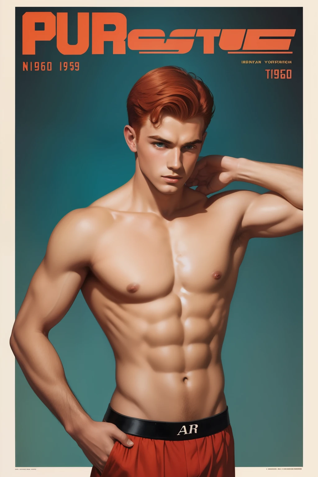 1960's pulp art, [Subject], vintage, 1960s magazine illustration, pulp art --ar 3:2 --style raw --s 50 redhead shirtless teenager boys handsome muscular rgb