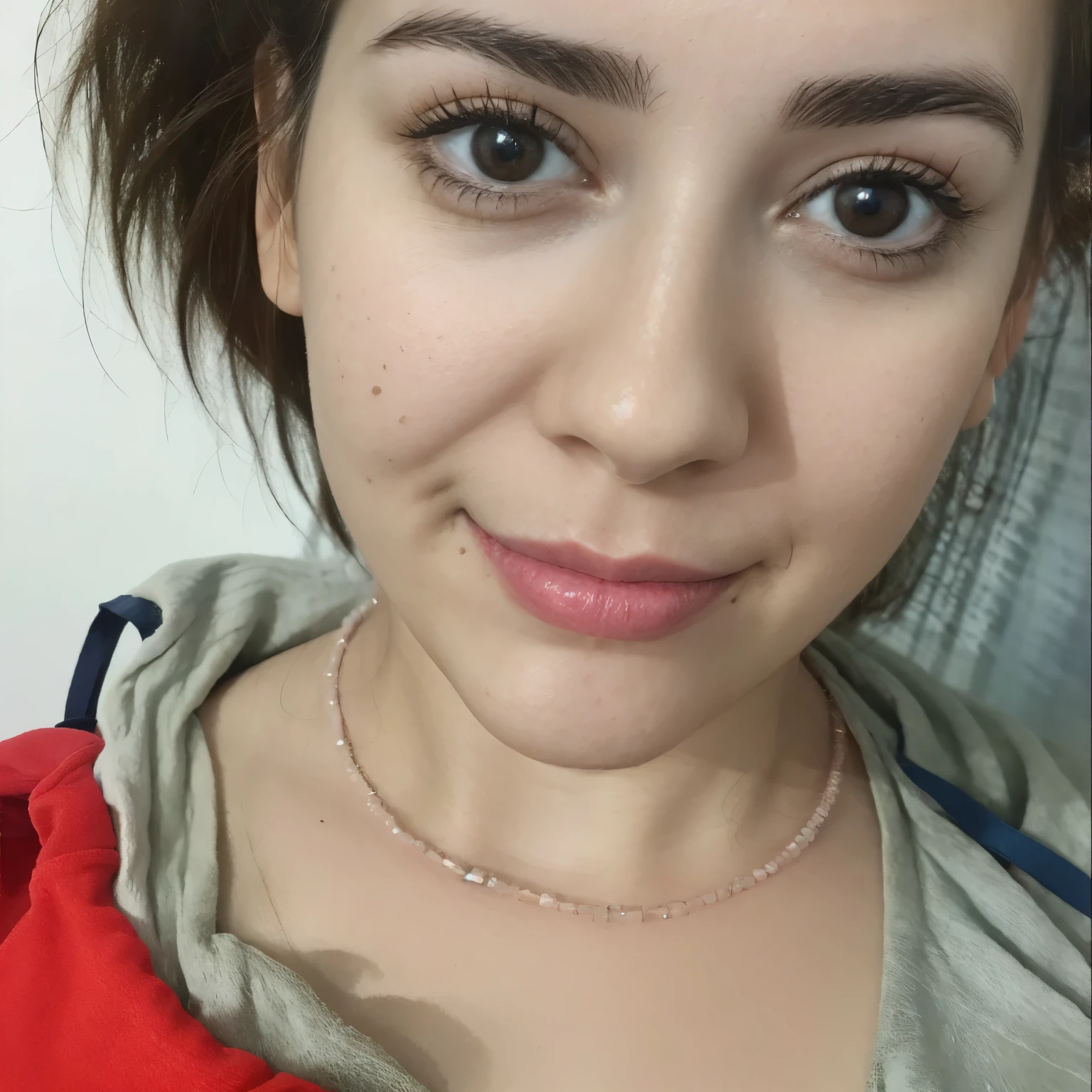 Portrait of a young woman with short shade hairstyle, ultra-detailed skin, shot on a Leica M10-R camera for portrait photography, Daylight highlights the soft features of her face and the depth of her brown eyes, an image filled with mystery and subtle elegance. The background remains neutral and blurred to emphasize the exquisite details of her face and the sophistication of her image, the woman looking directly into the camera
