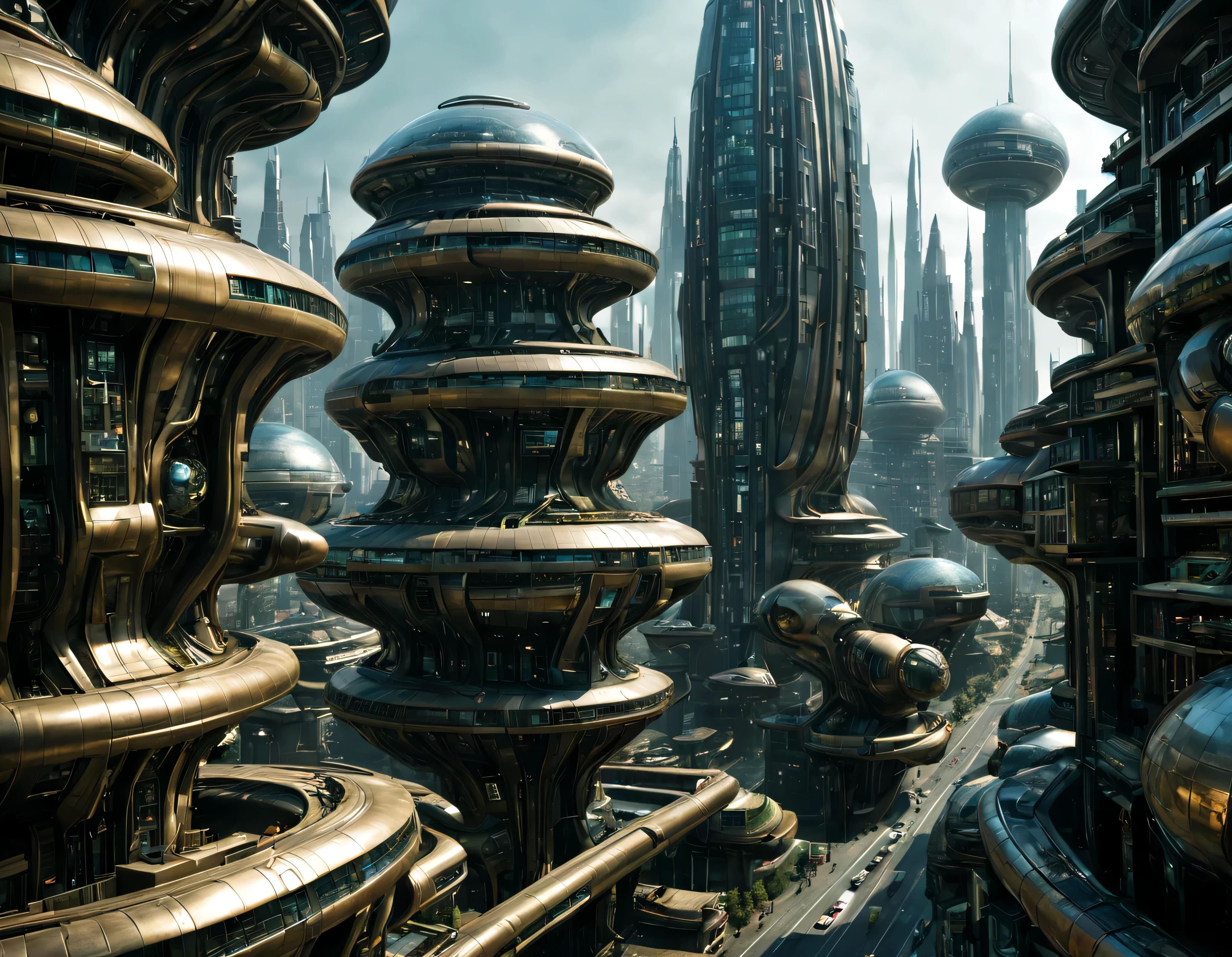 street of an extraterrestrial alien city with futuristic and technological architecture in its metal and glass conglomerado de buildings, donde predomina el oro, la plata y el bronce, some aliens walking around, ventanas iluminadas, all full of imagination, science fiction and (intrincados detalles de la maquina).imagen fotorrealista, Maximum sharpness, calidad 8k.(obra maestra de calidad superior). 3D