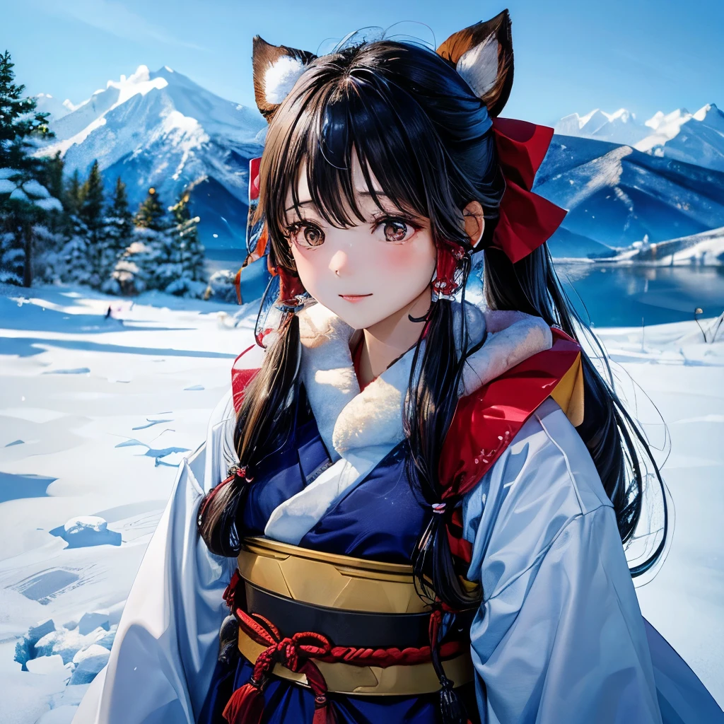Japanese Ainu tribe girl with bow in the snow mountain hunting for deer