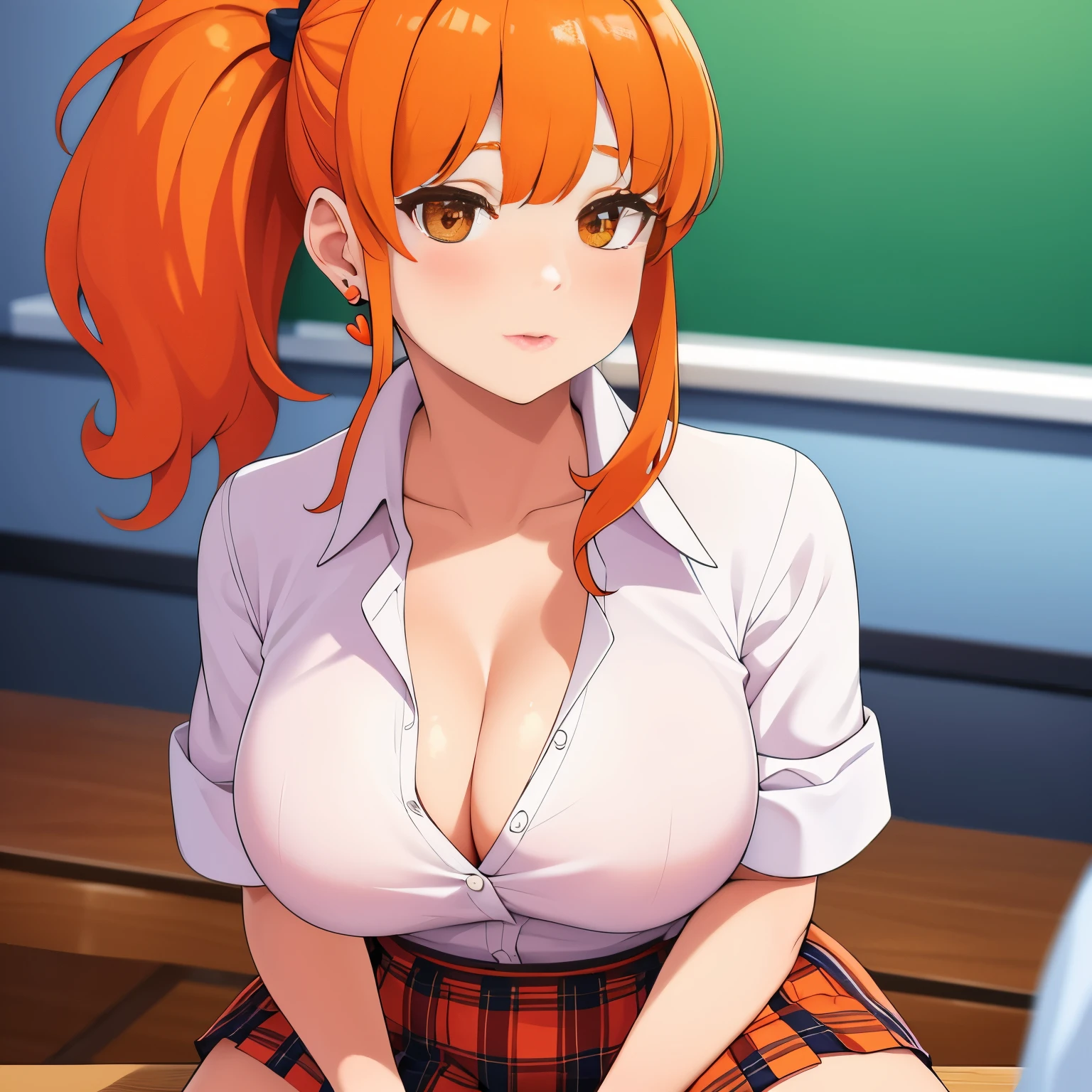 Beautiful school girl, she has orange hair in a ponytail and bangs, heart earrings, she is wearing a tight button up white shirt that is exposing cleavage and a plaid mini skirt, she is in class